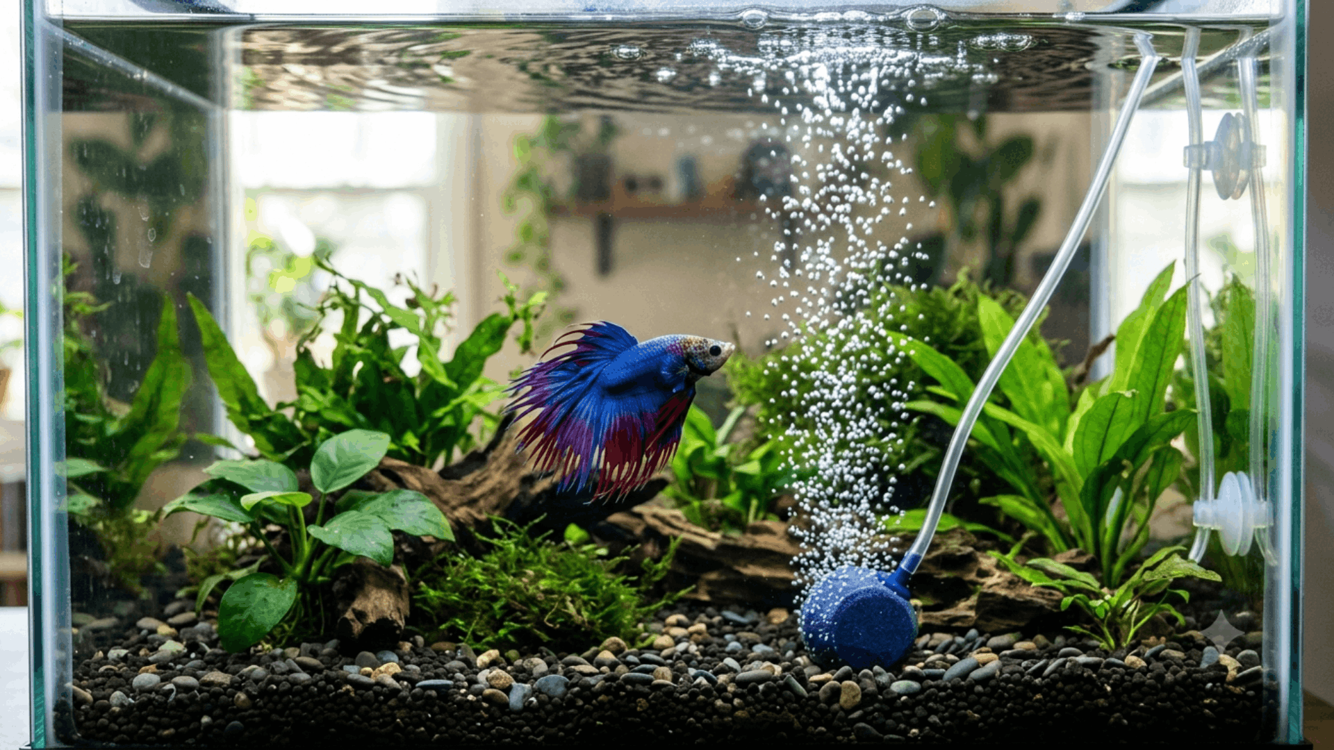 healthy betta fish resting under bubble nest in aquarium showing natural breeding and nesting behavior