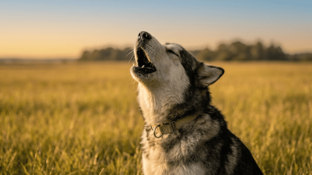 husky dog howling in a golden field during sunset with soft light and blurred countryside background