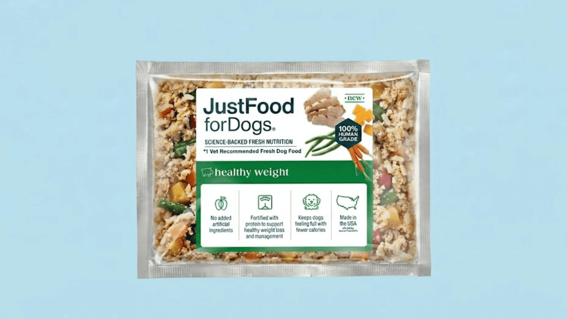 justfood for dogs healthy weight packet centered on a solid light blue background with no other graphics or text