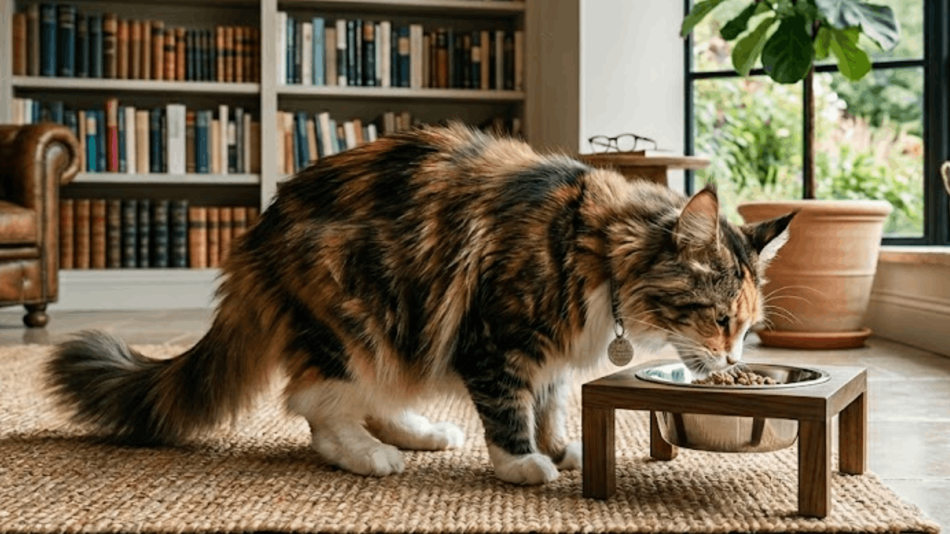 Long haired calico cat eating food from a raised bowl in a cozy home library with bookshelves large windows and indoor plants (1)