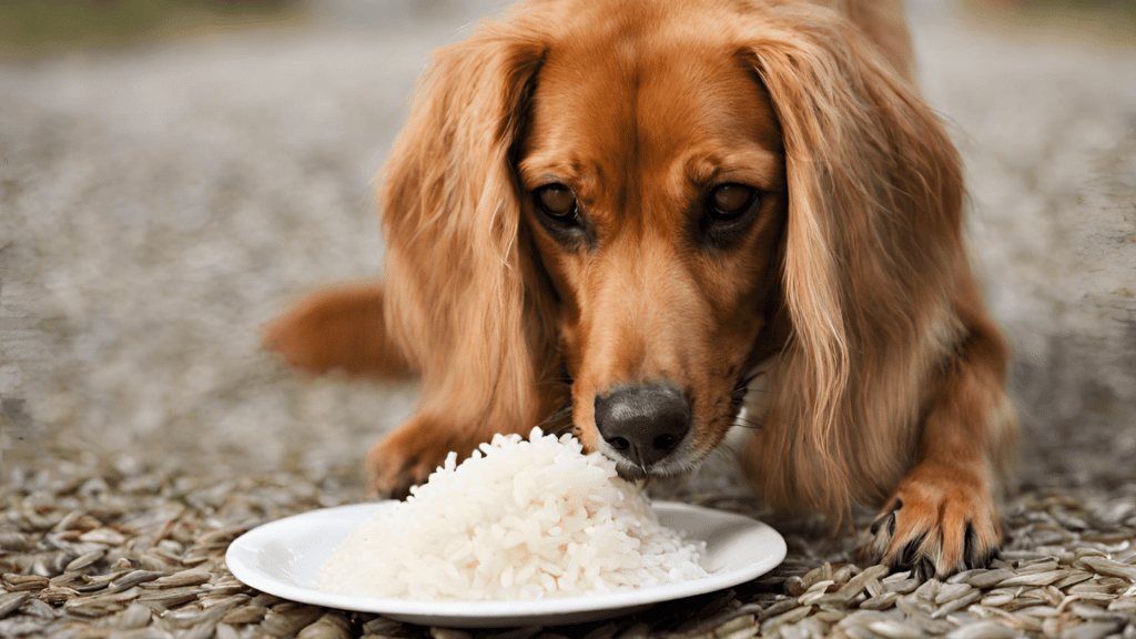 long haired dachshund eating plain white rice from a plate on a gravel surface outdoors