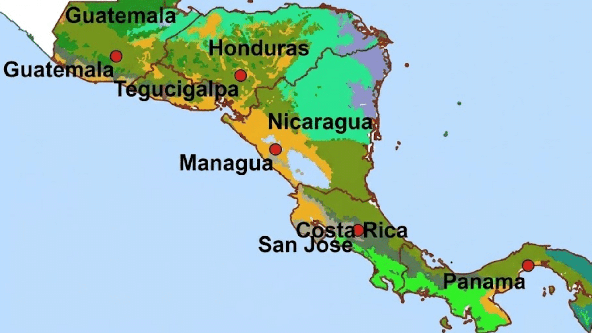 map of central america showing countries major cities and ecological regions highlighted with varying shades across the landscape