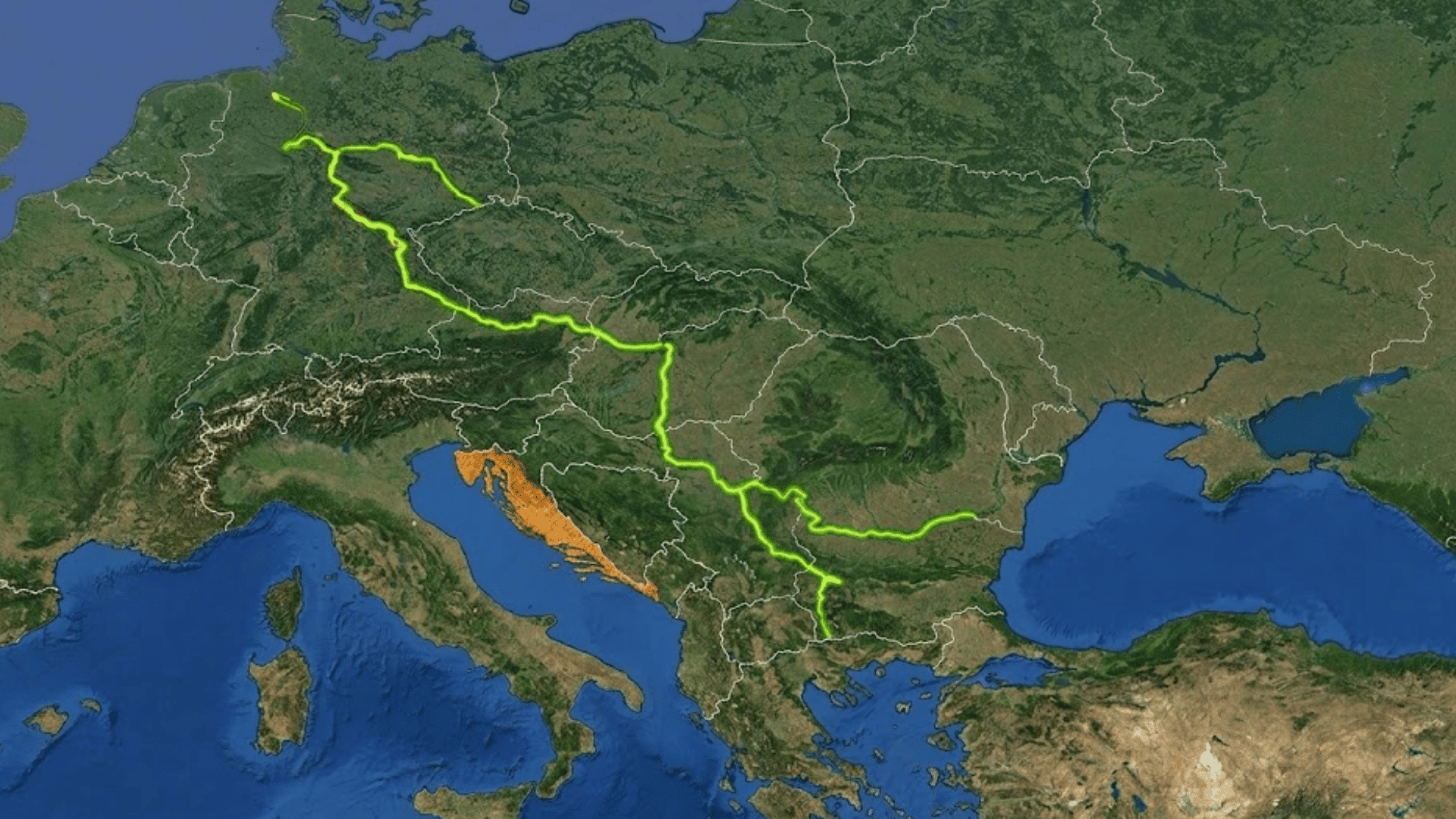 map of europe highlighting a green migration corridor stretching across central and southeastern regions with marked pathways and borders
