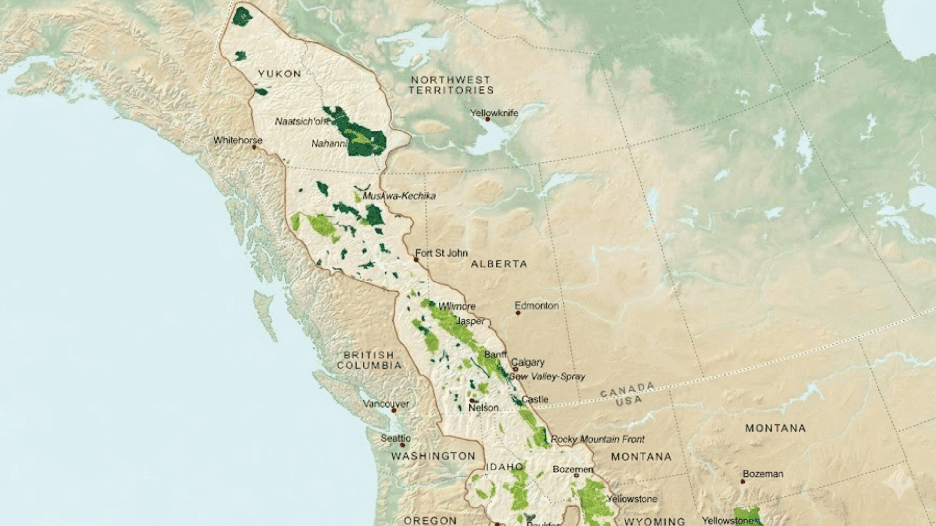 map of western north america highlighting protected habitats and wildlife corridors extending from canada into the united states