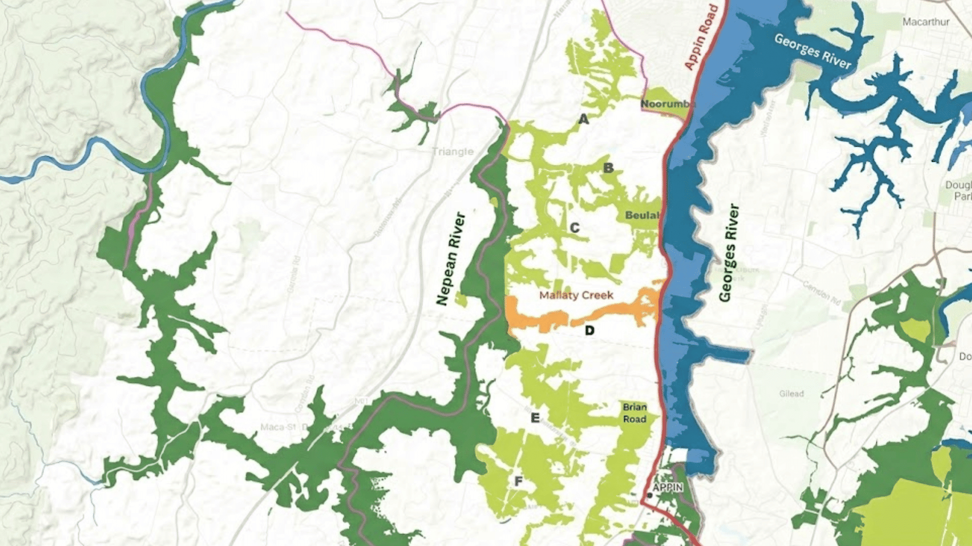 map showing koala habitat corridors between nepean river and georges river with marked zones and waterways