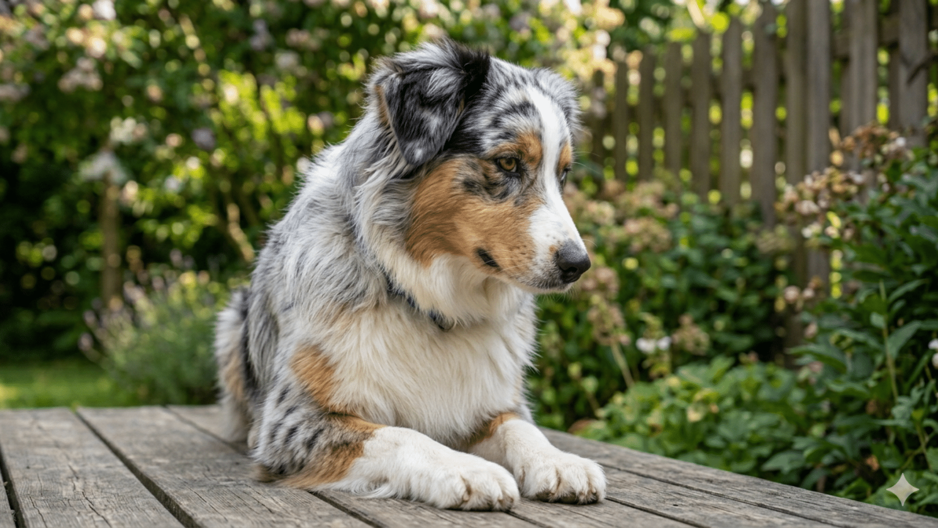 merle-patterned australian shepherd rests on wood deck in a green garden with a collar around its neck