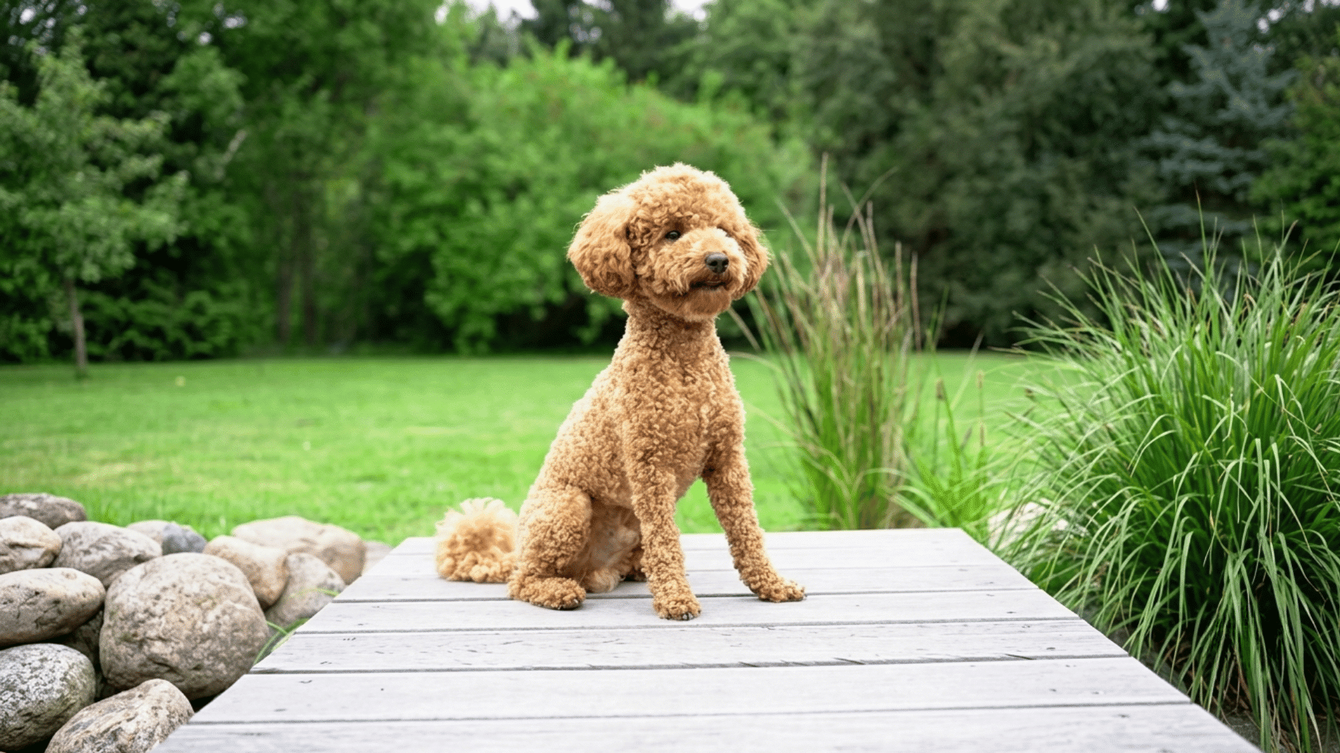 mini poodle with a teddy bear haircut sitting on a wooden deck surrounded by green grass and garden plants