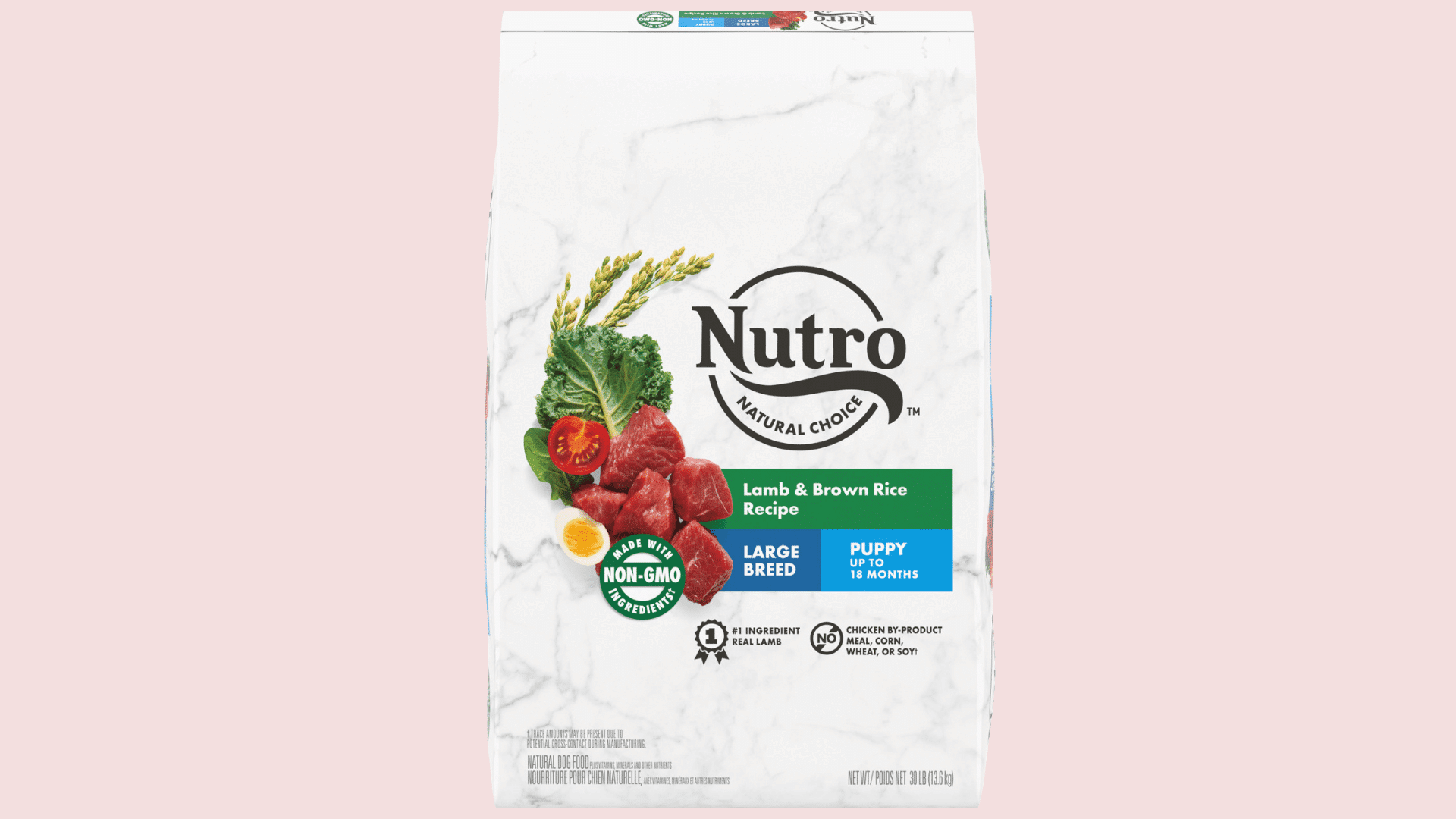 nutro large breed puppy lamb and brown rice recipe dog food bag with ingredients shown on a white background