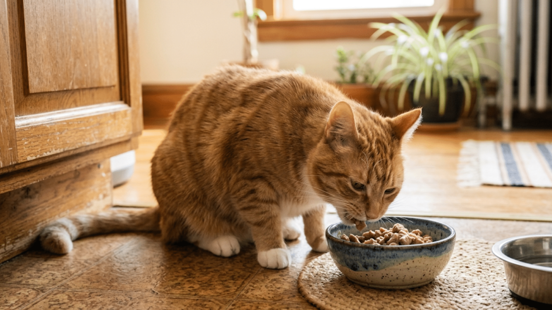 orange tabby cat eating wet food from a bowl beside fresh water indoors on kitchen floor