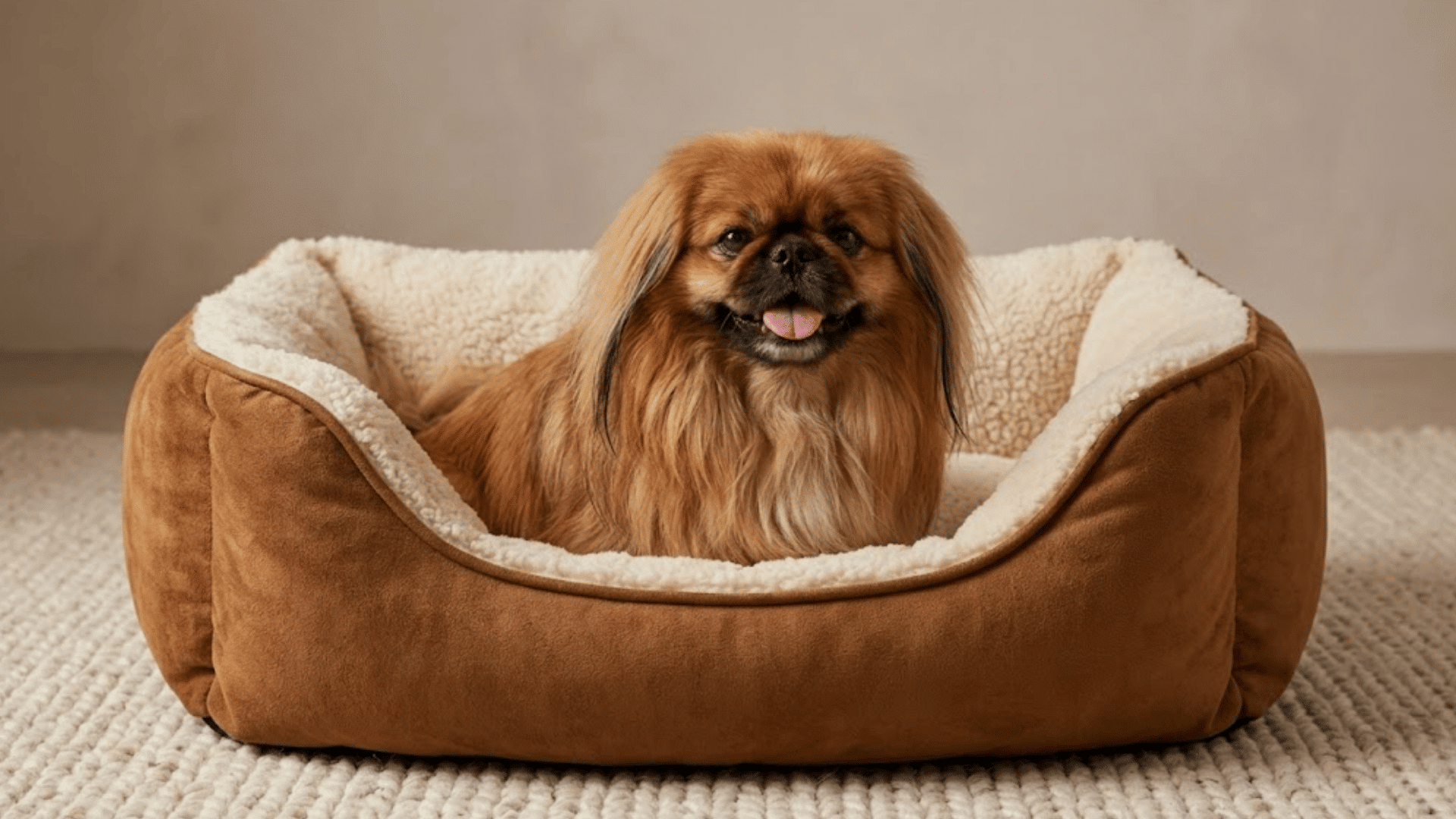 pekingese dog resting in a plush pet bed indoors with a long silky coat and a happy relaxed expression
