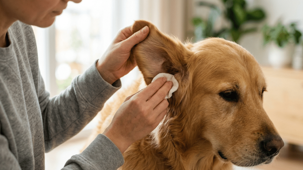 person gently cleaning a golden retrievers ear with a cotton pad during indoor pet care routine at home (1)