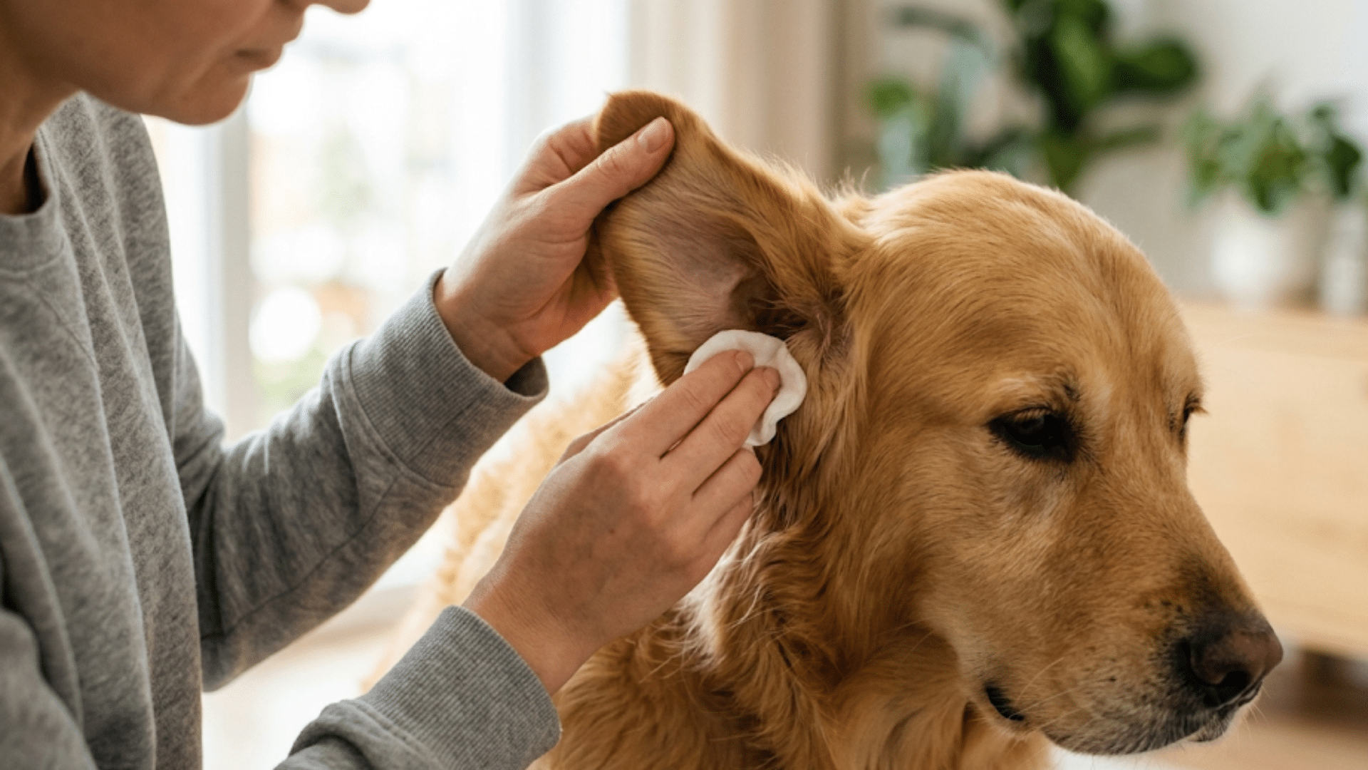 person gently cleaning a golden retrievers ear with a cotton pad during indoor pet care routine at home (1)