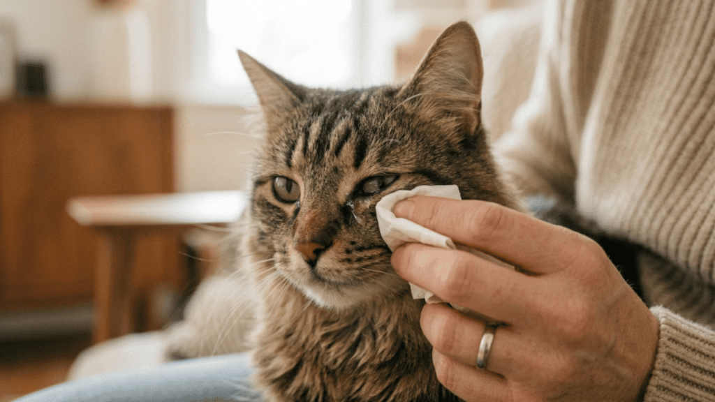 person gently cleaning watery discharge from a tabby cats eye while holding the cat indoors