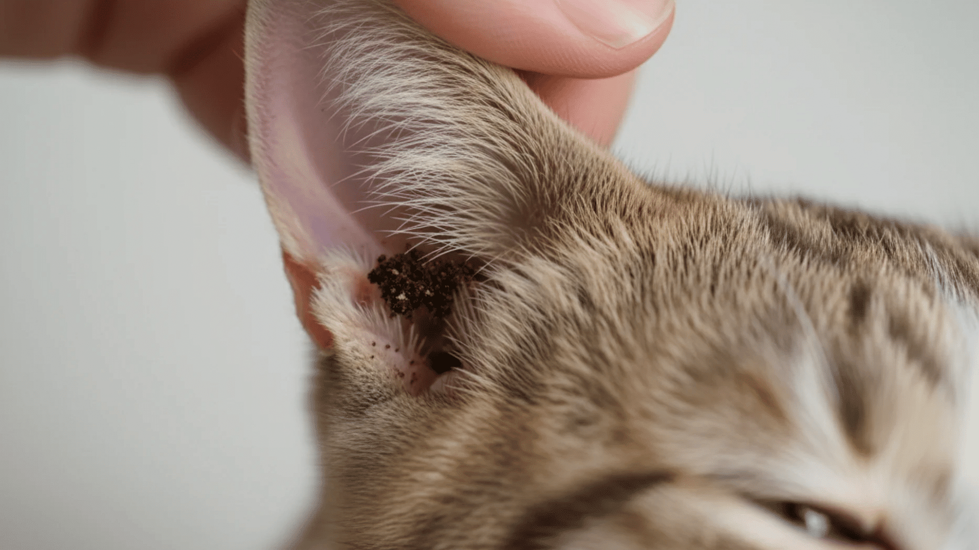 person lifting a tabby cats ear showing dark ear mites and debris inside the pink inner ear close up view