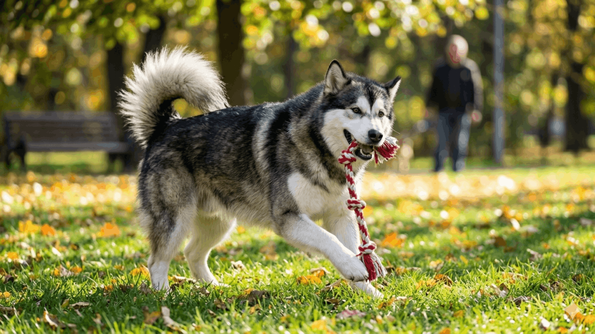 pet alaskan malamute running across grassy yard with fluffy fur playful face and wagging tail