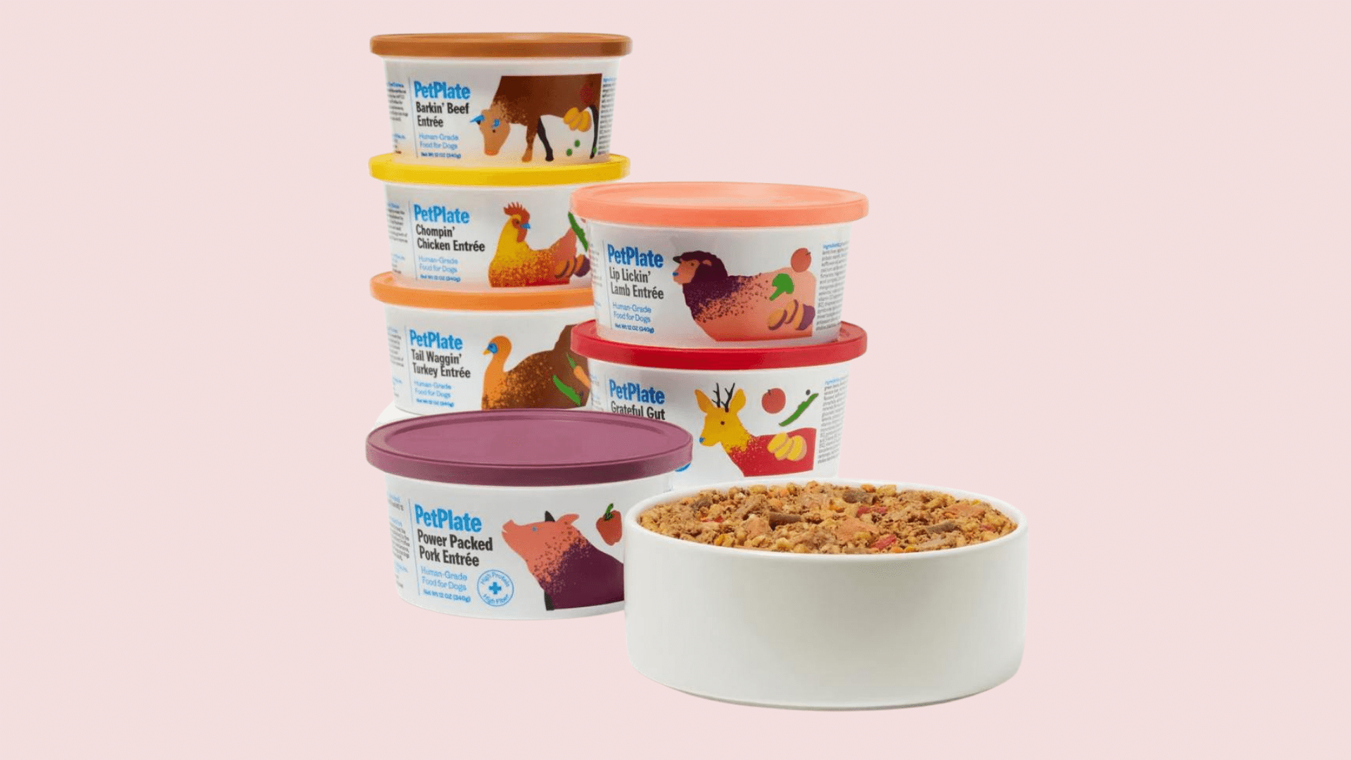 petplate dog food tubs stacked beside a white bowl filled with fresh dog food on an orange bordered background