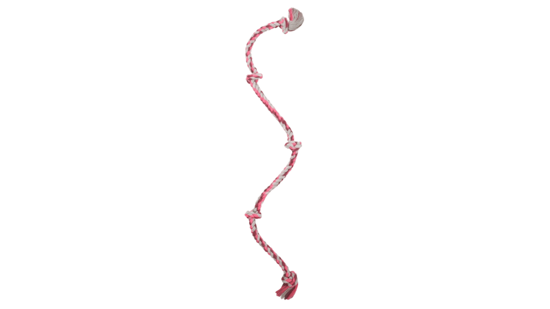 pink and gray knotted rope dog toy designed for tug play chewing and interactive games on plain background