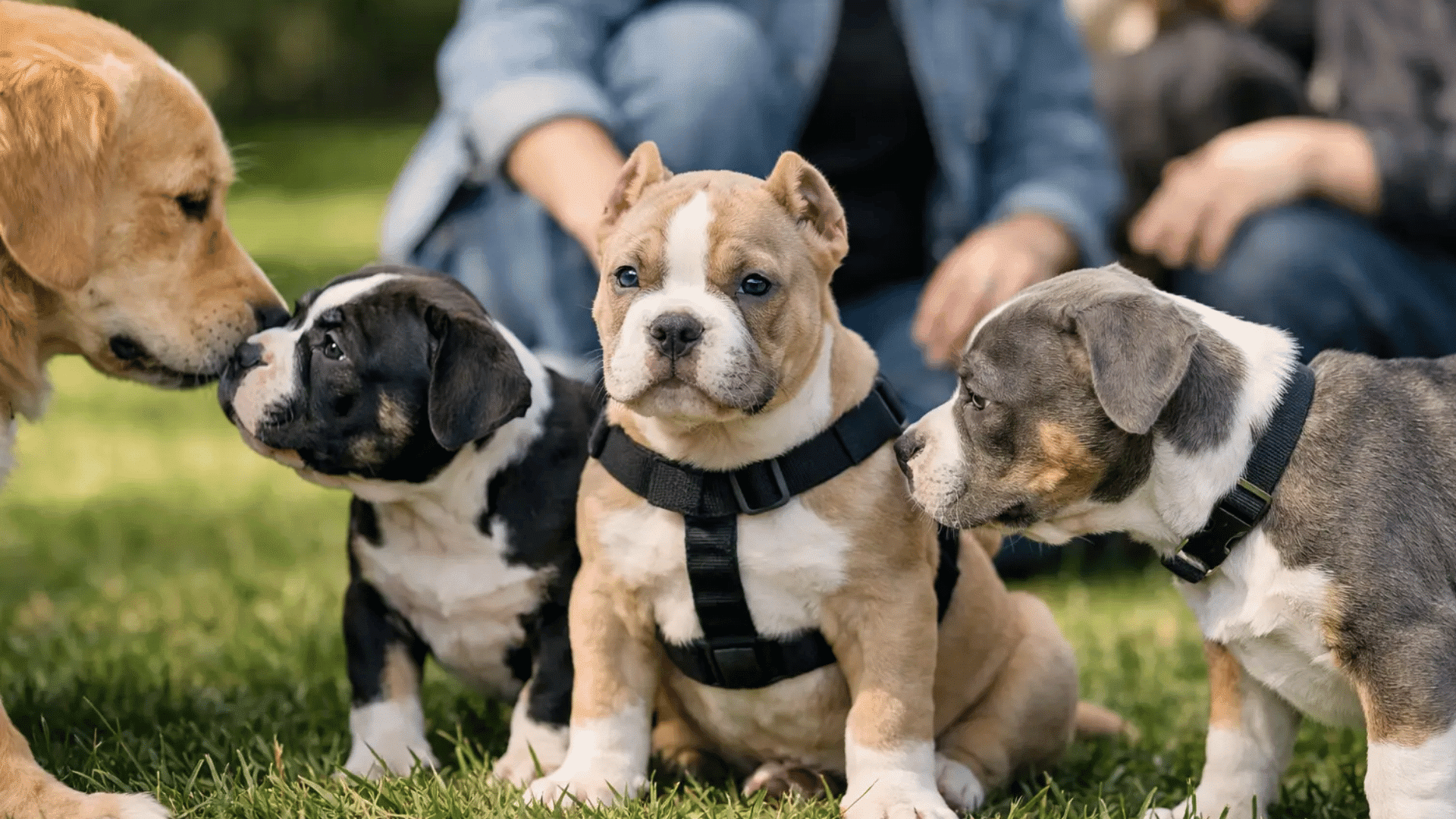 puppies meeting and interacting with other dogs outdoors during an early socialization session with owners nearby
