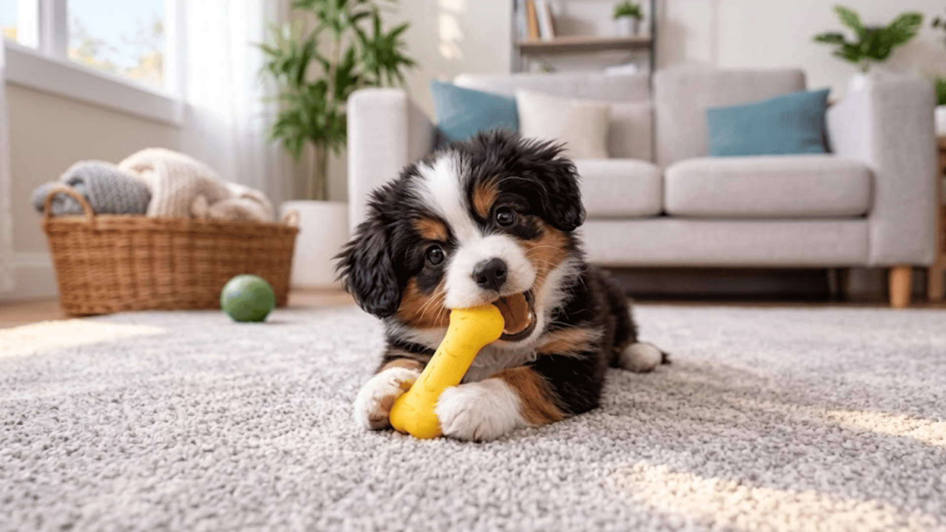 puppy chewing a yellow teething toy on a soft rug in a bright living room with cozy home decor