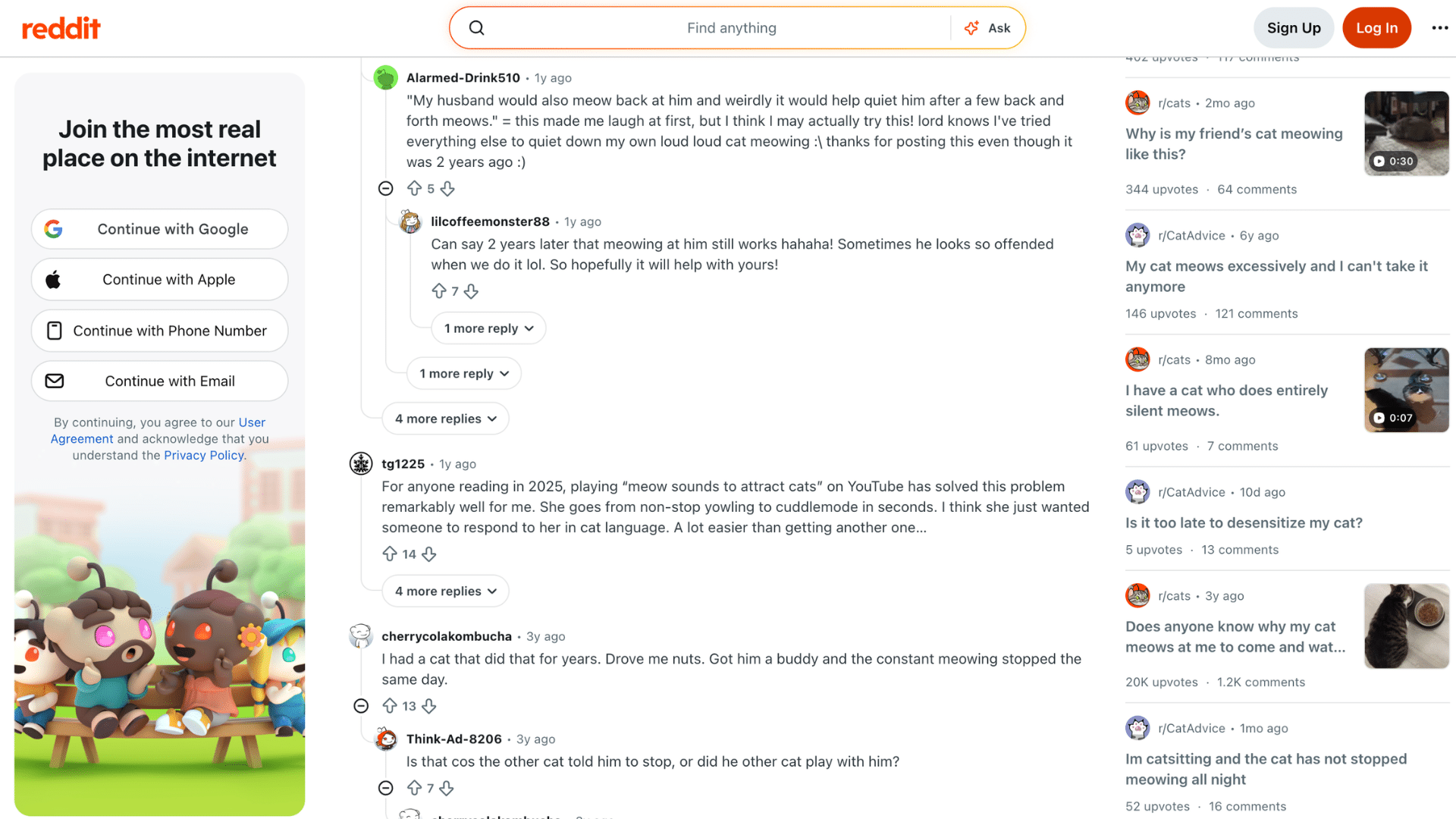 reddit discussion about excessive cat meowing with users sharing tips and personal experiences