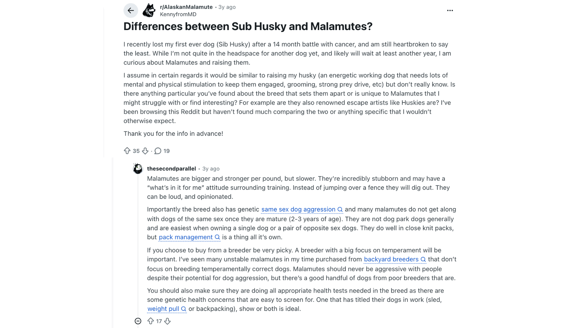 reddit discussion comparing husky and malamute with owner experiences on temperament training and energy