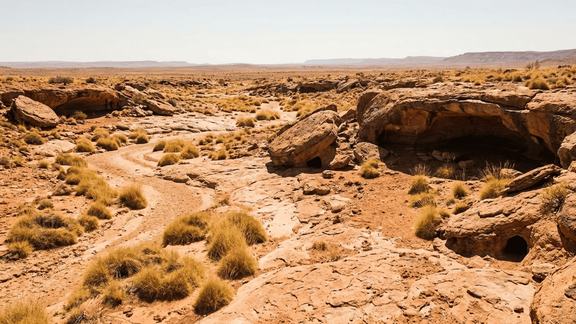 rocky desert terrain with a winding dry creek bed surrounded by scattered grass tufts and weathered sandstone outcrops
