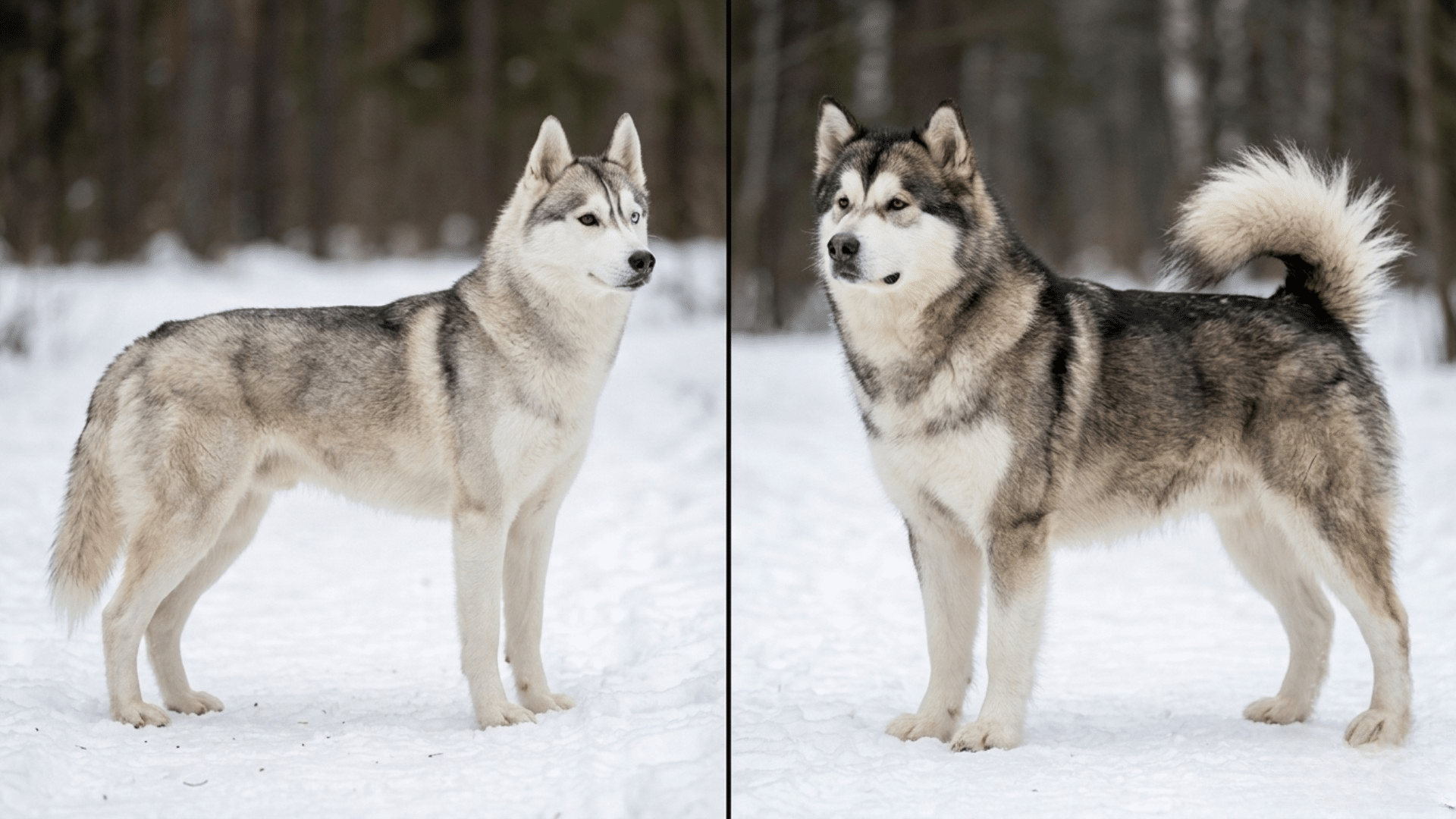 siberian husky and alaskan malamute resting in snow covered landscape with dense fur and alert faces