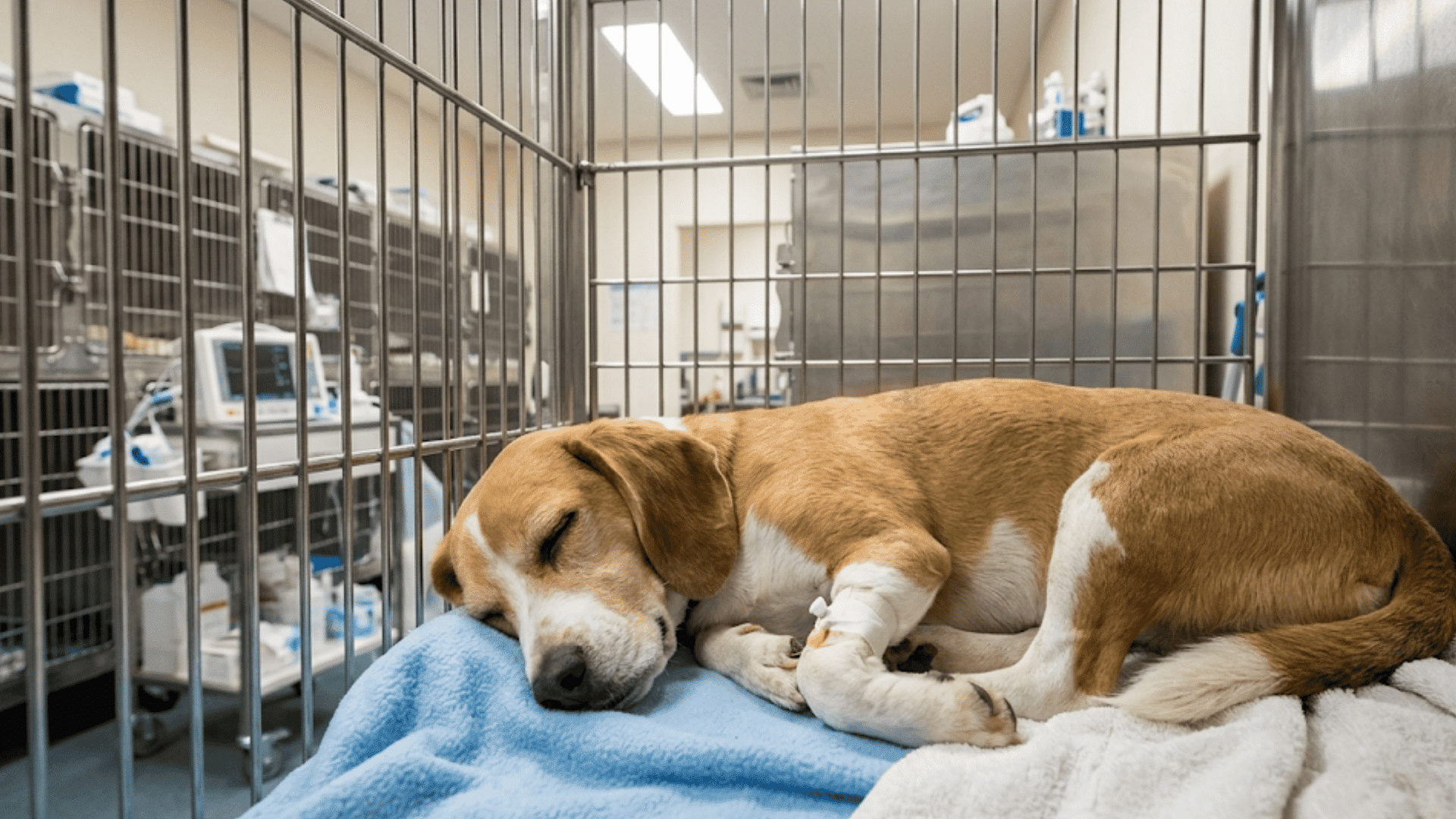sick dog resting in veterinary clinic cage with blanket during treatment and recovery care