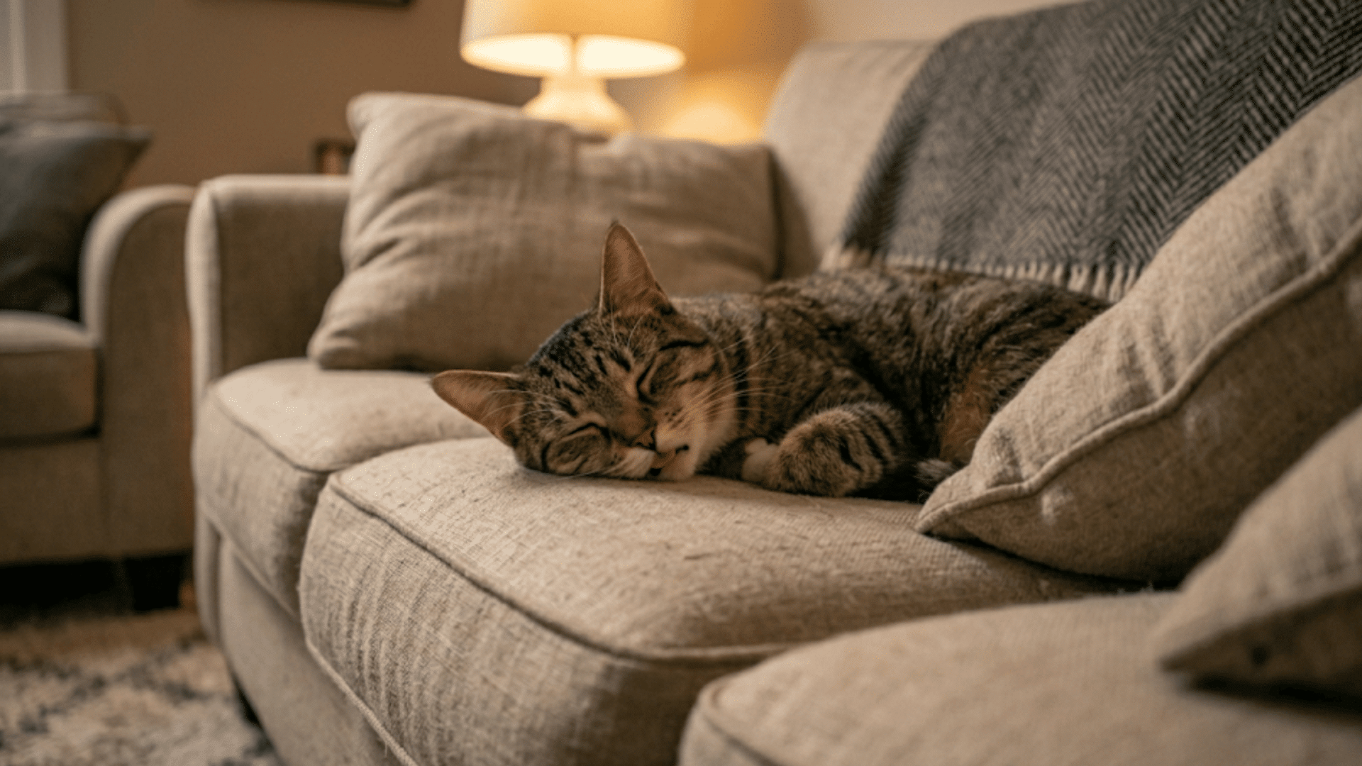 sleeping tabby cat resting on a soft couch with pillows in a warm living room with gentle lighting