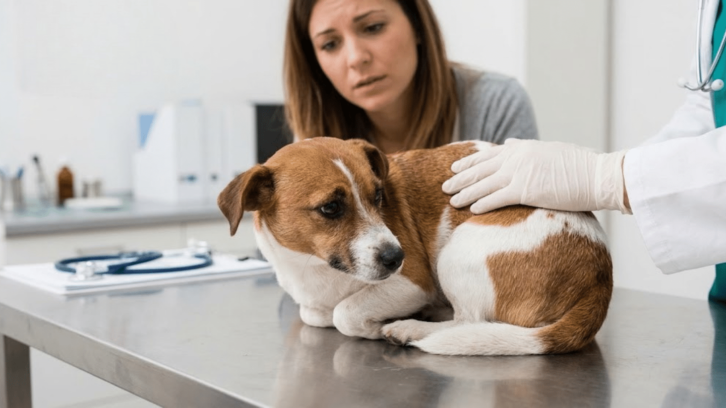 small brown and white dog curled up on a veterinary exam table while a veterinarian examines it and owner looks concerned