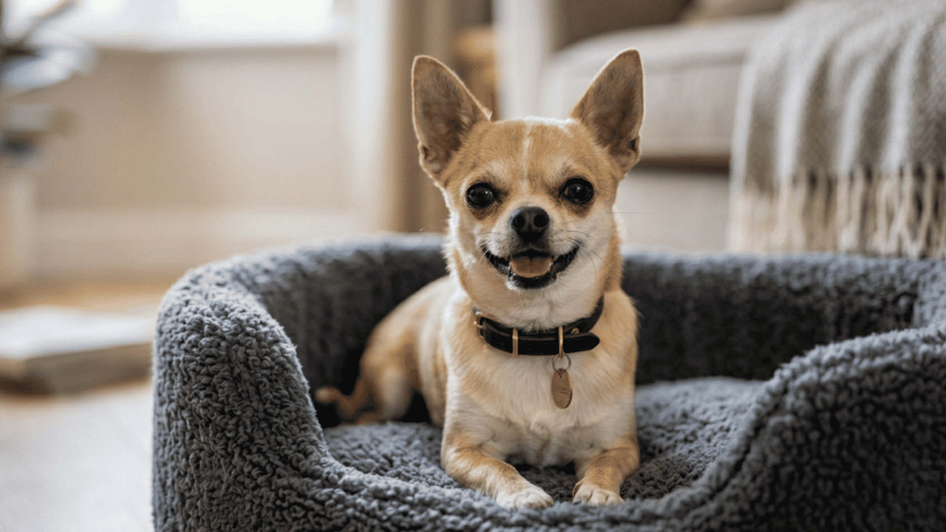 A small chihuahua lying in a gray dog bed indoors looking at the camera with a happy expression