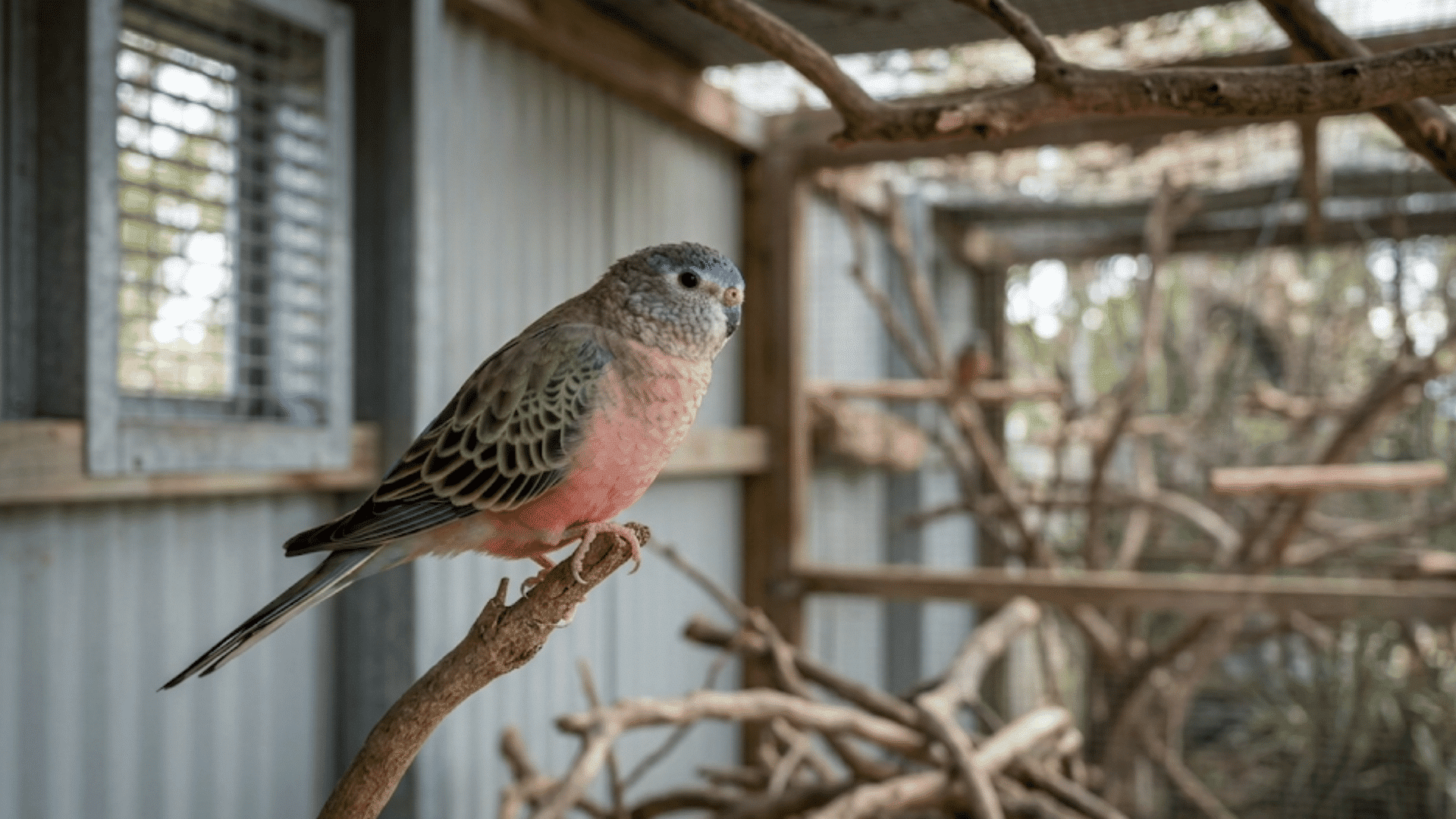 small colorful pet bird sitting on a branch inside a large aviary with wooden perches in the background