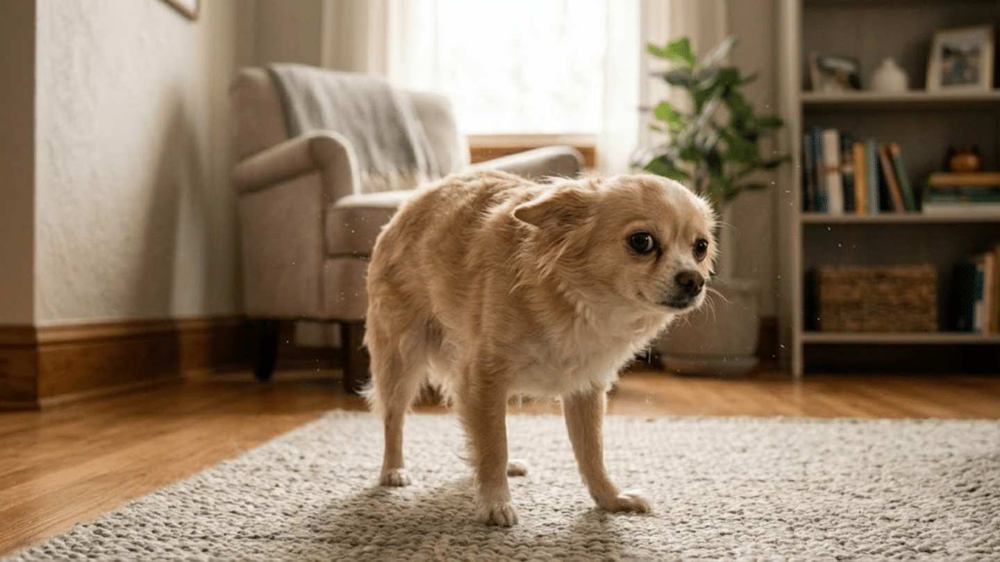 small cream colored dog standing on a rug appearing to tremble indoors illustrating why is my dog shaking and shaker syndrome
