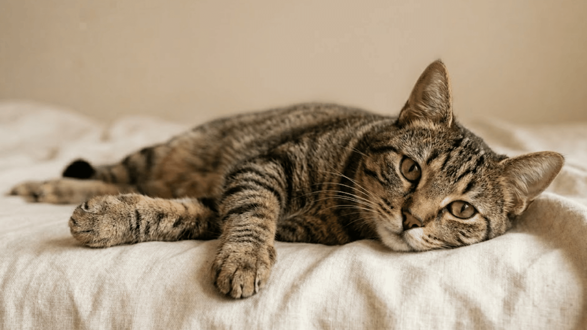 tabby cat lying on a soft bed in warm indoor light looking calm relaxed and slightly tired