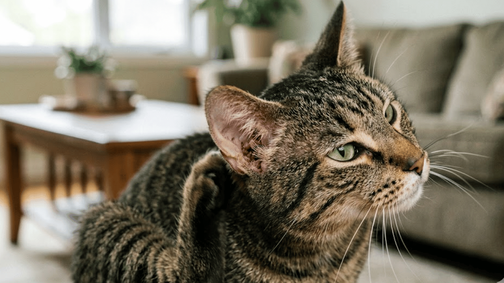 tabby cat scratching near its irritated ear while sitting indoors with visible redness and irritation around the ear area