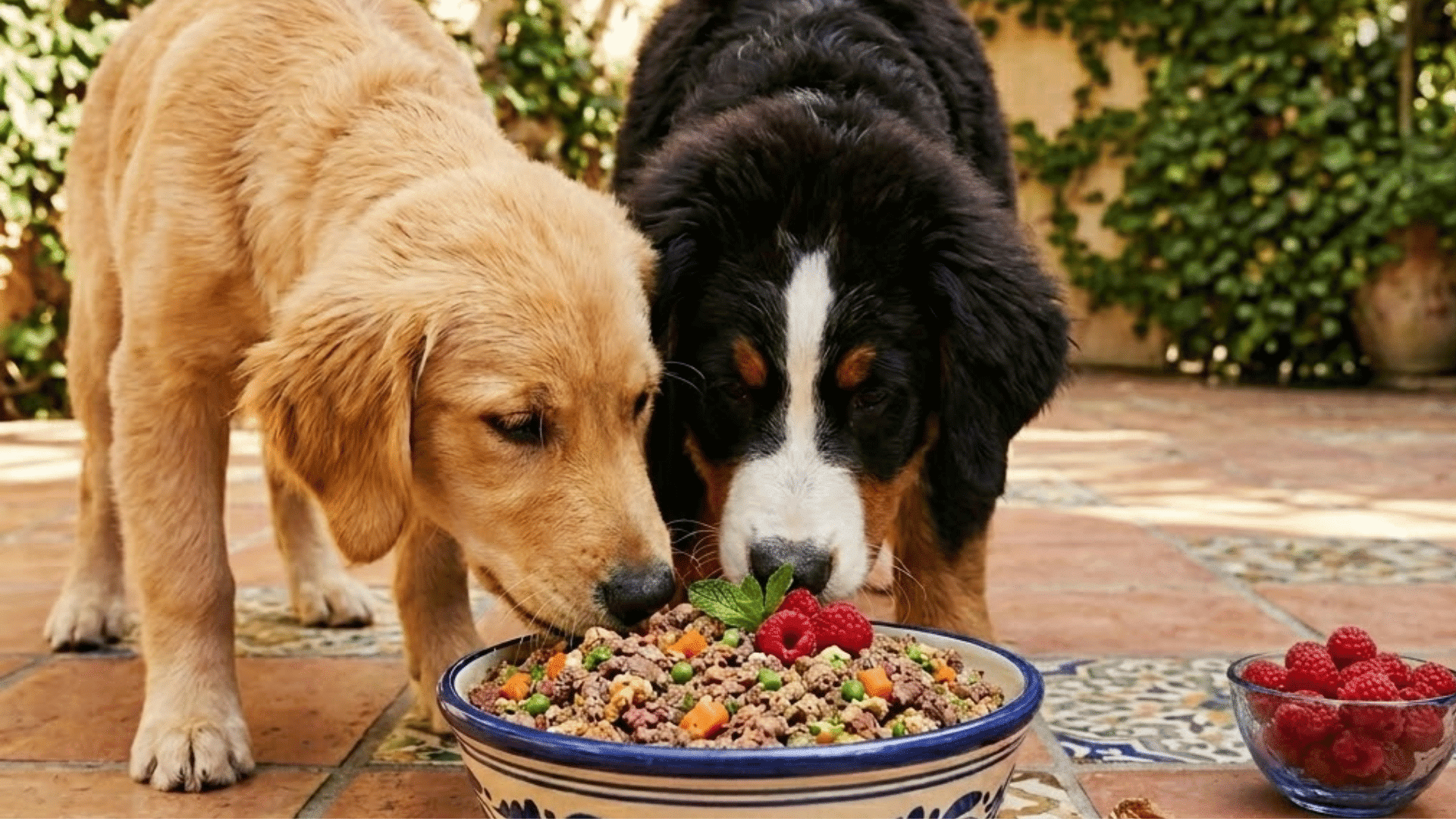 two dogs eating fresh dog food from a patterned bowl with raspberries and treats on a sunny tiled patio