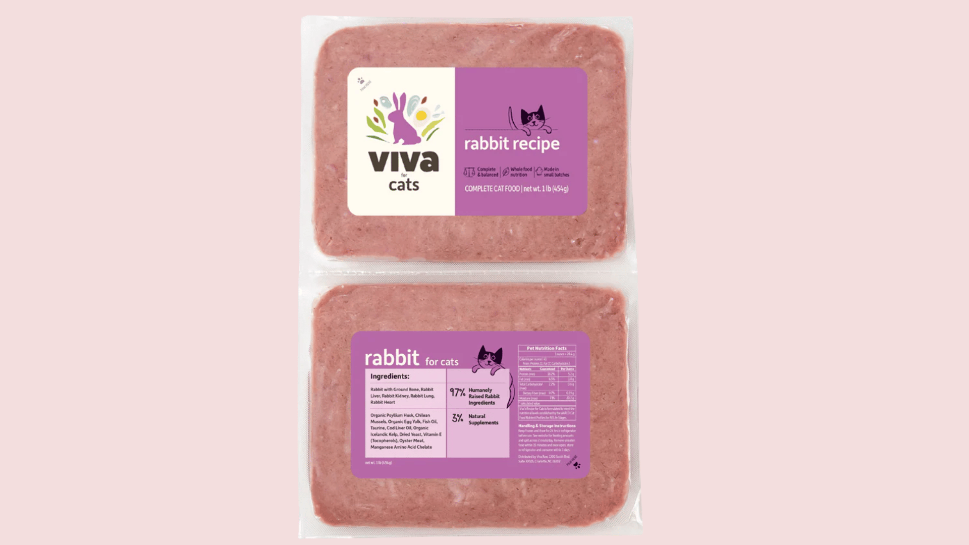two viva for cats rabbit recipe raw cat food packs with purple labels shown on a black background