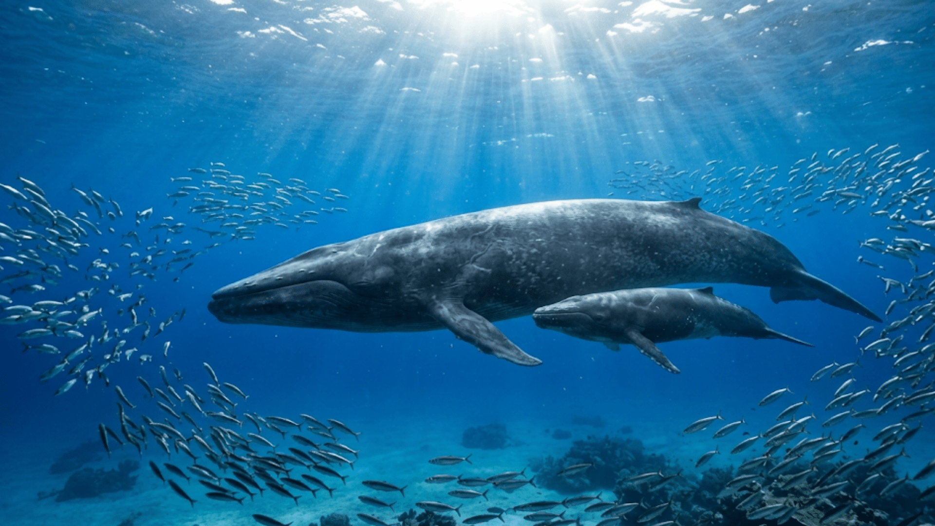 two whales swimming beneath sunlit ocean waters surrounded by schools of fish above a coral reef ecosystem