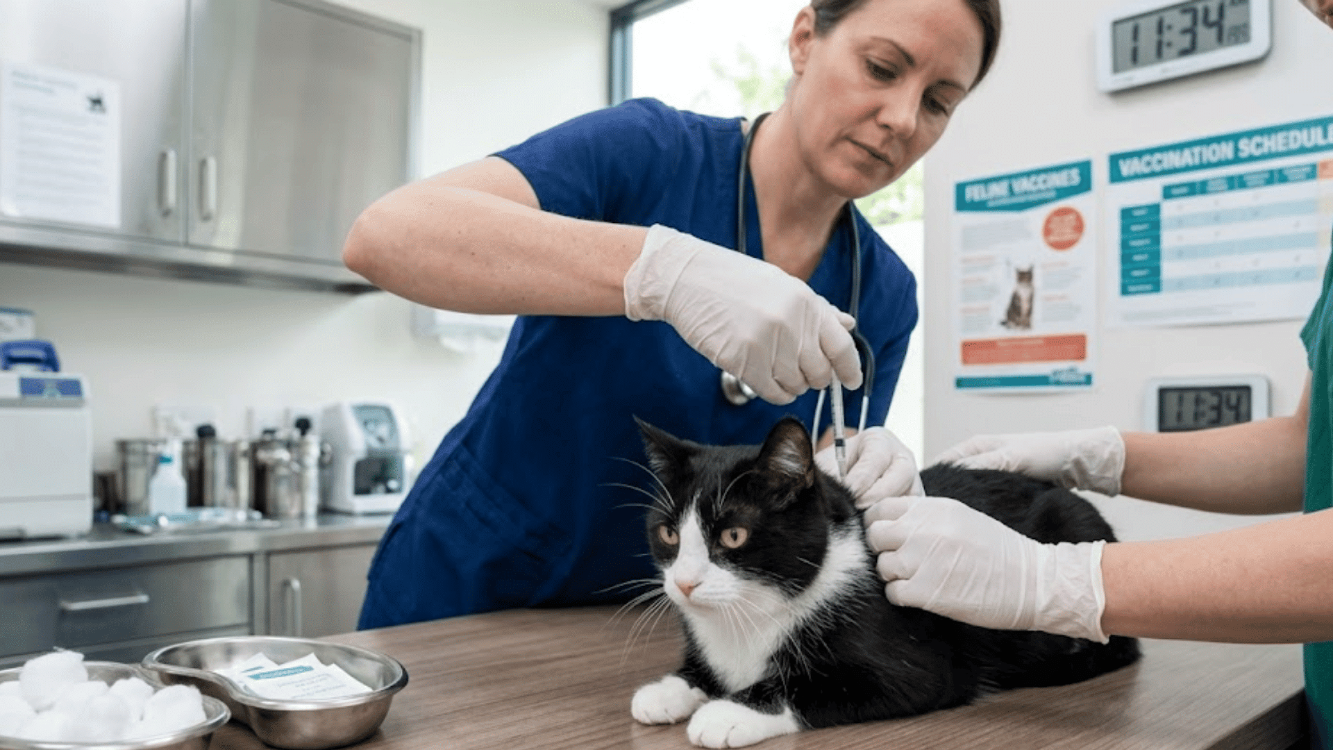 veterinarian giving a black and white cat a vaccine during a clinic visit with assistant holding cat
