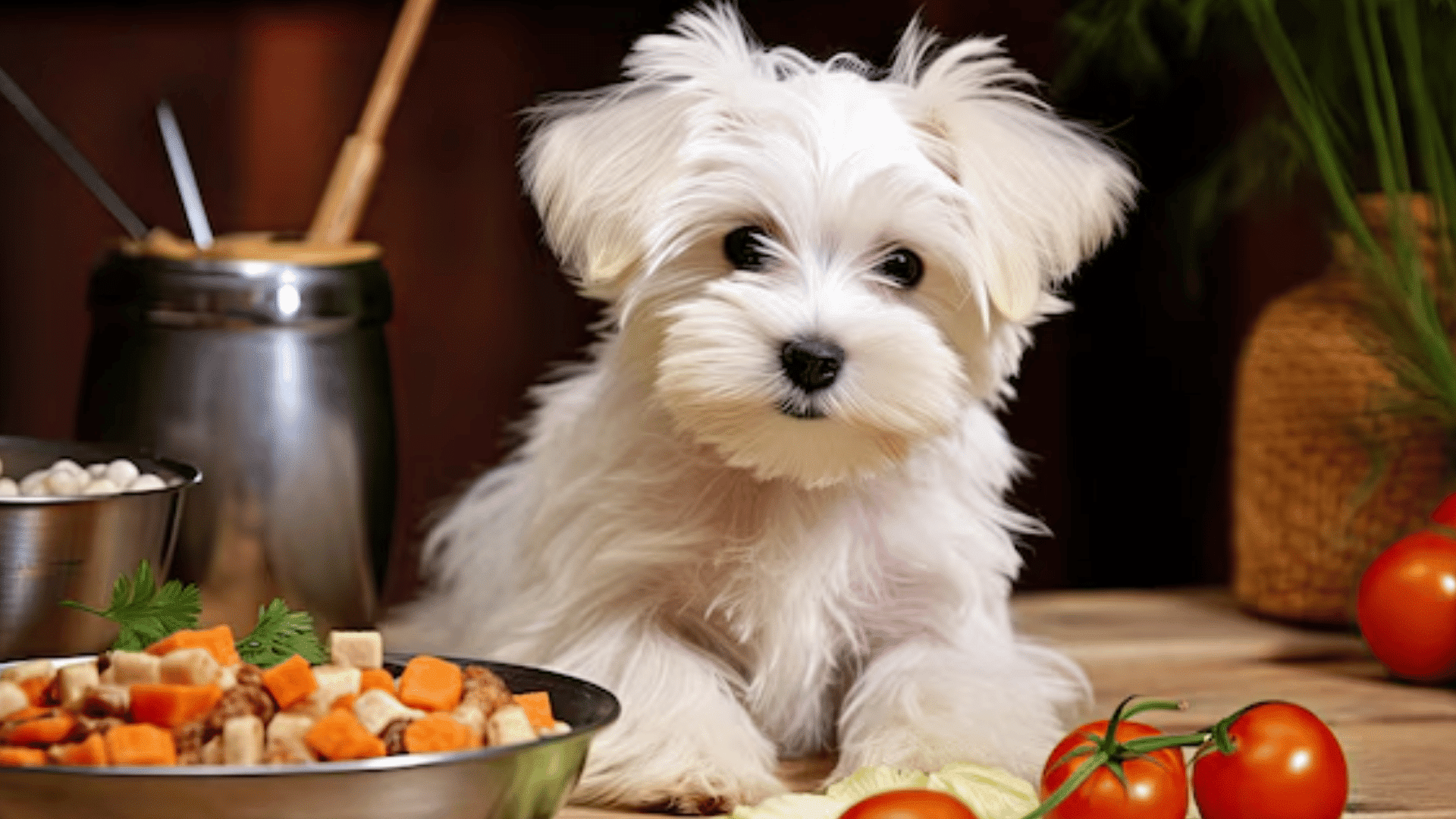 vsmall white fluffy puppy sitting beside a bowl of chopped vegetables and food ingredients on a wooden kitchen table