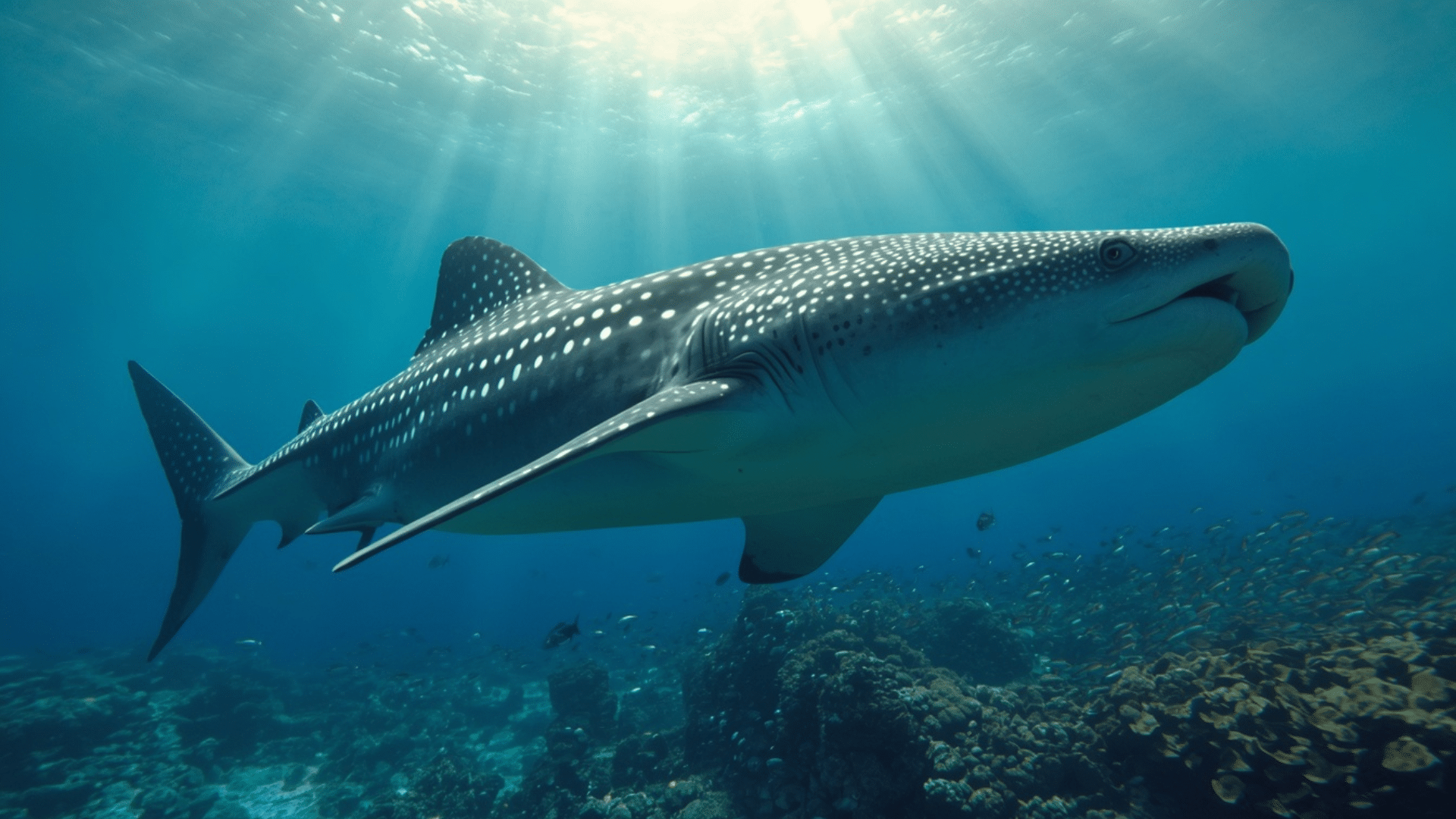 whale shark swimming through clear ocean waters showing its spotted pattern and large graceful body underwater