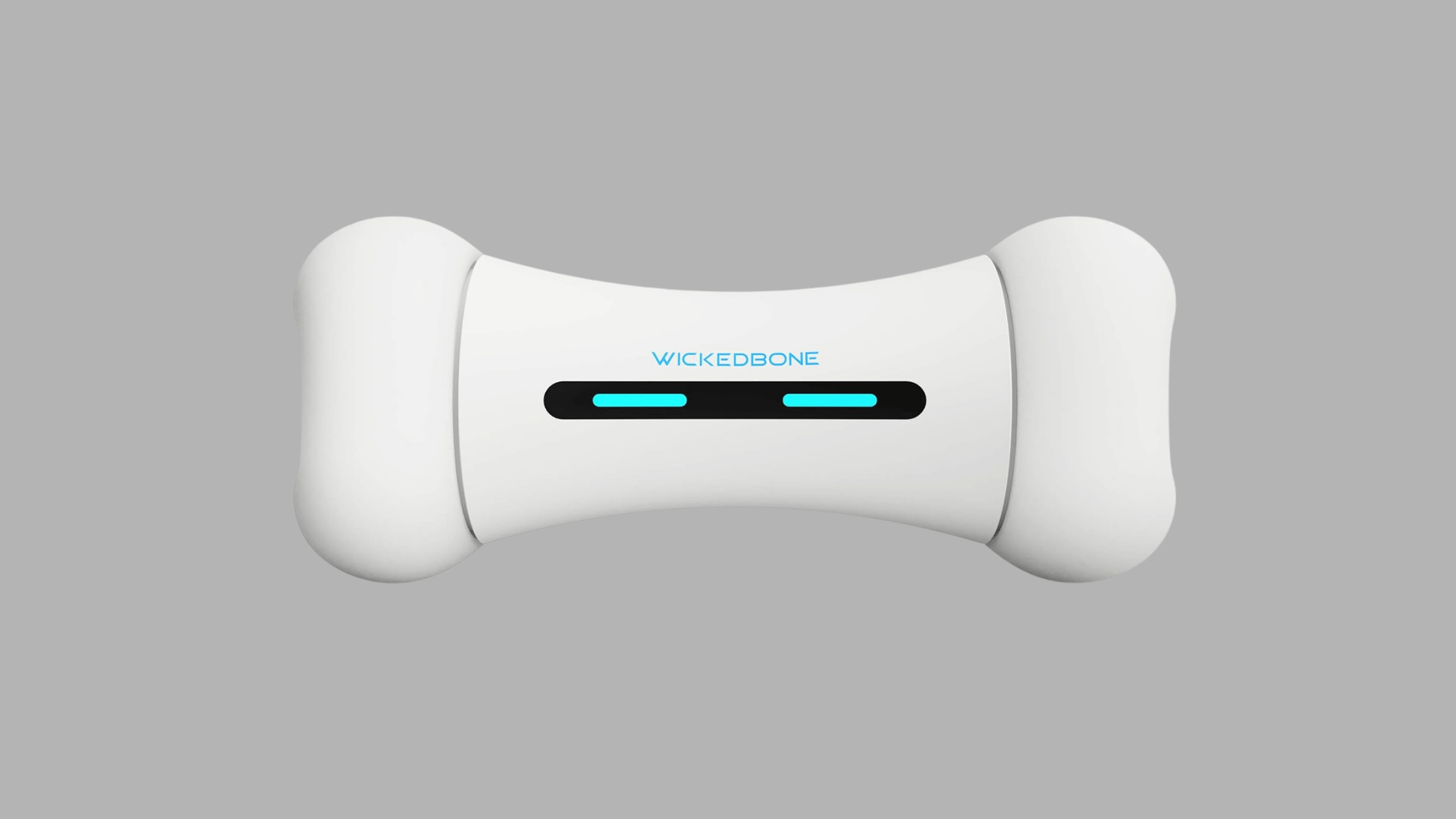 white bone shaped interactive dog toy with blue led light indicators centered on a plain background displaying smart play device design