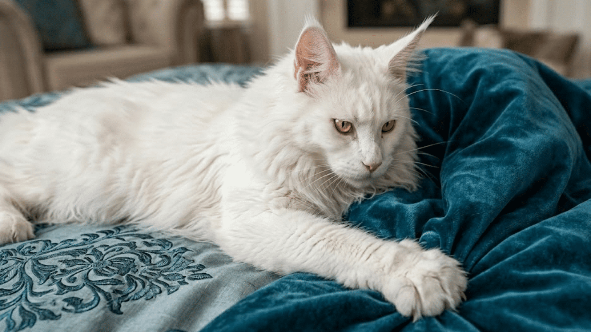 white cat resting on a blue blanket with one paw stretched forward in a softly lit living room setting