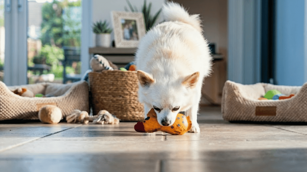 white fluffy dog carrying an orange chew toy across a tiled floor in a bright living room with pet beds and toys nearby