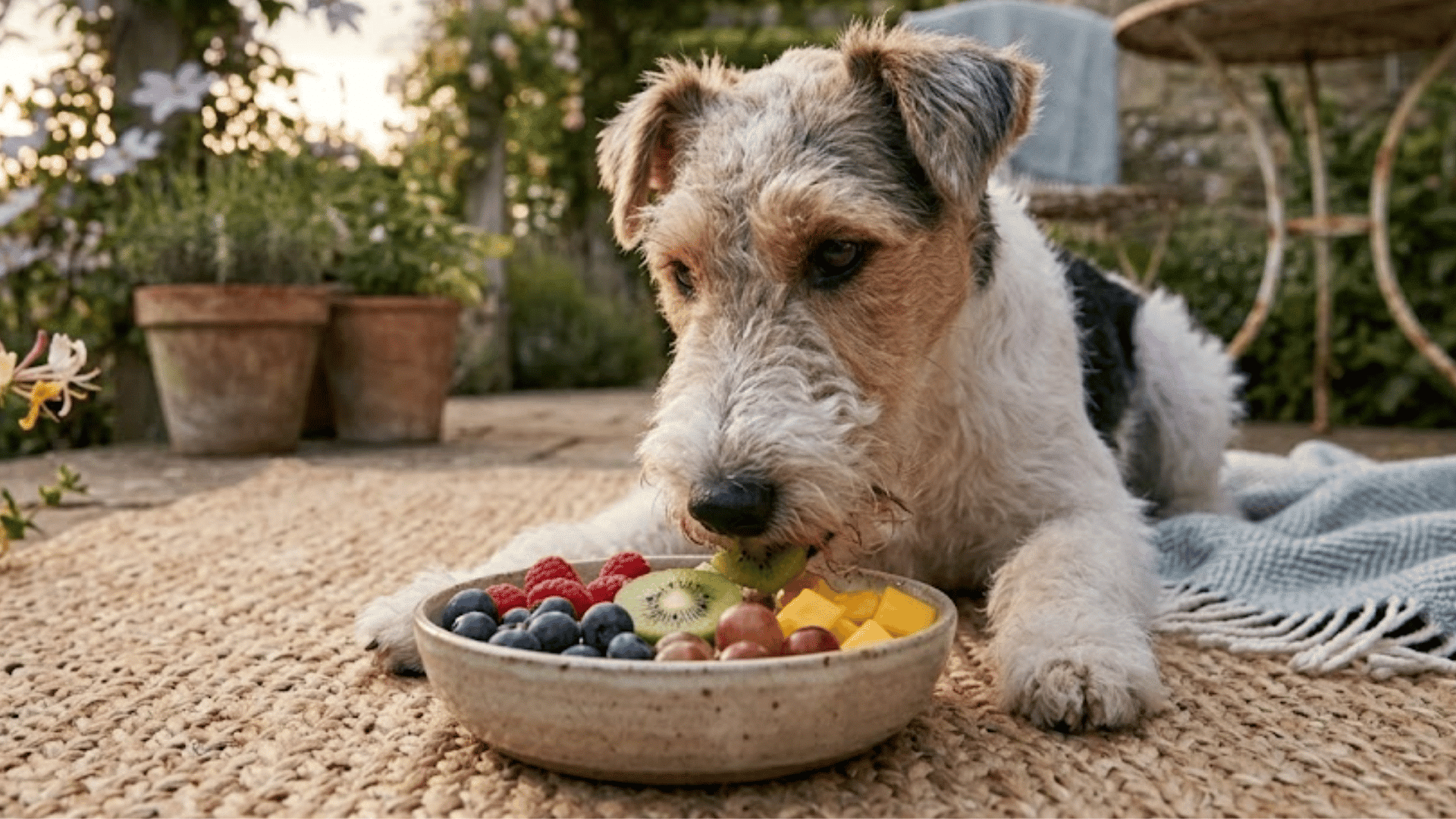 wire fox terrier lying on an outdoor rug eating fruit from a bowl filled with berries kiwi grapes and mango pieces
