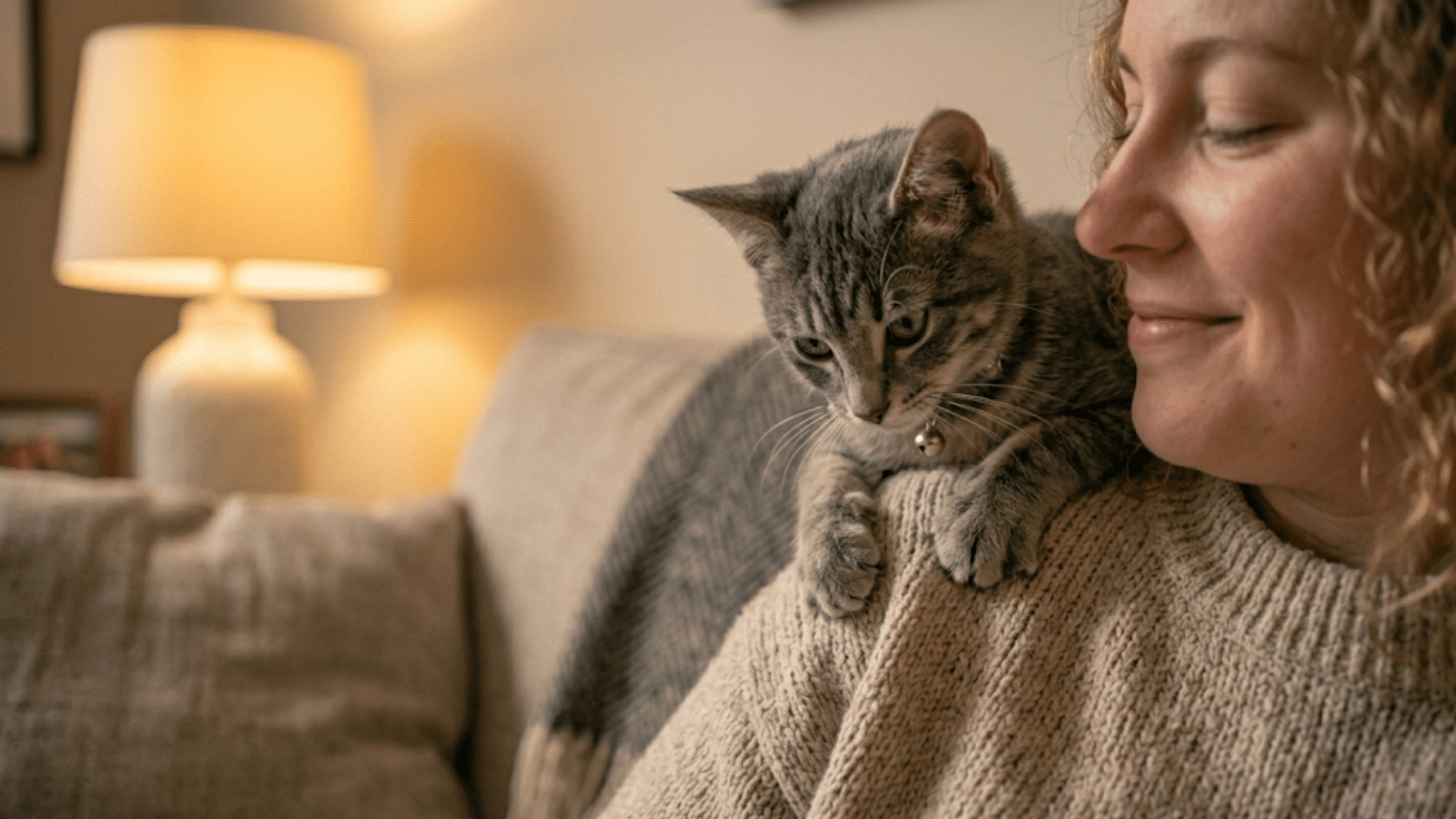 woman smiling with a gray kitten resting on her shoulder in a cozy living room beside a warm glowing lamp