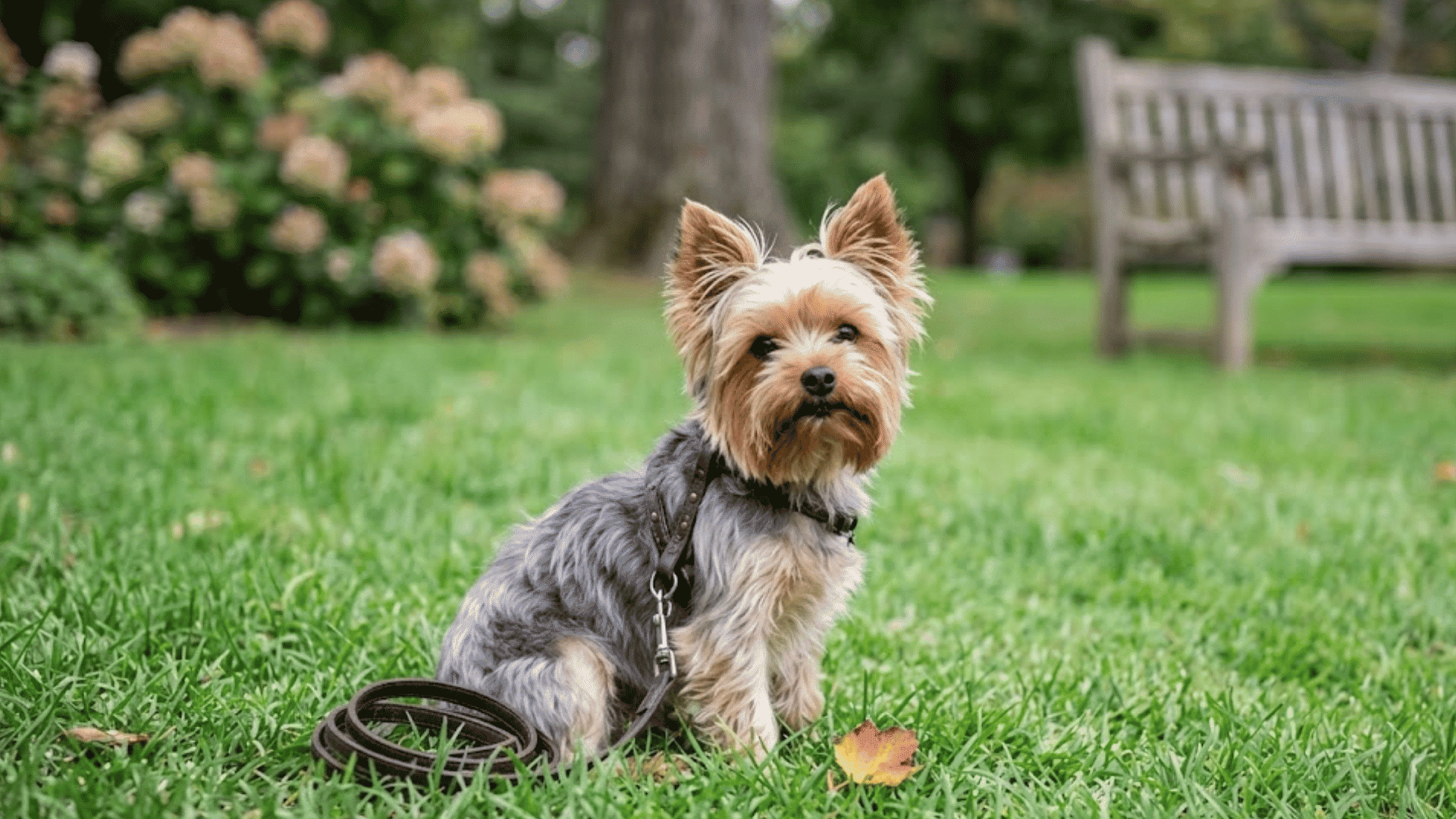 yorkshire terrier sitting on green grass in a park with a leash nearby and trees and garden seating behind it