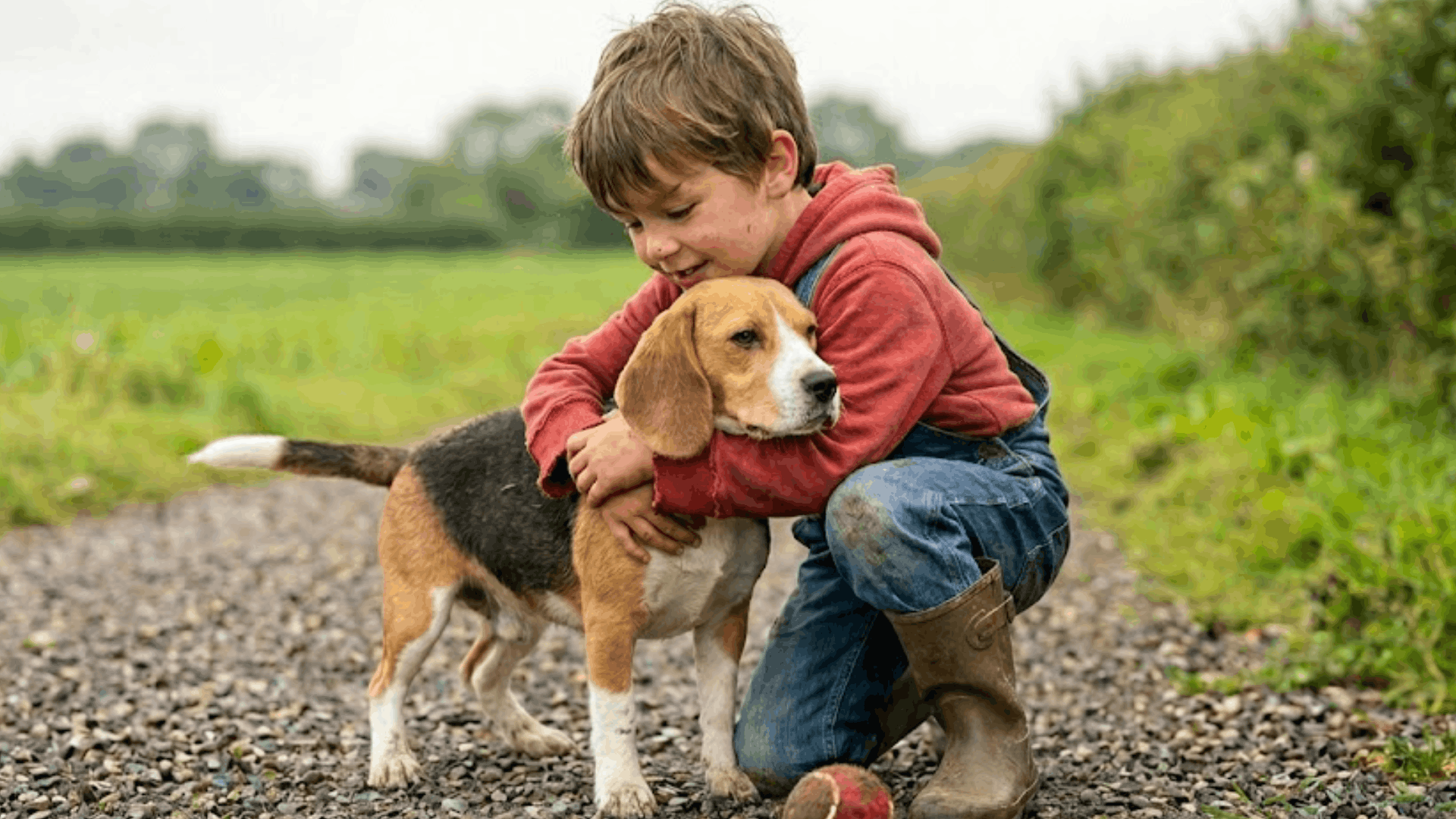 young boy hugging a beagle dog on a gravel path with a red ball beside them in a grassy countryside