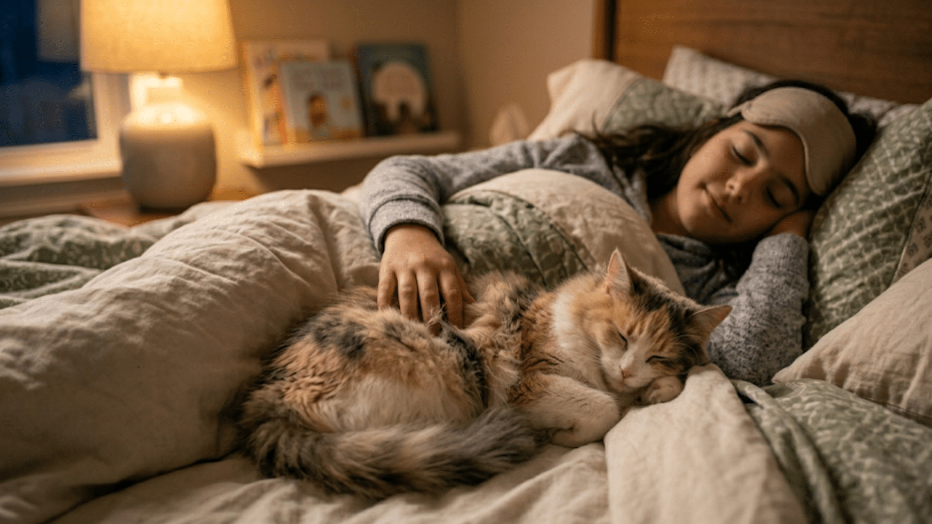young girl sleeping beside a fluffy cat under warm blankets in a softly lit bedroom at night