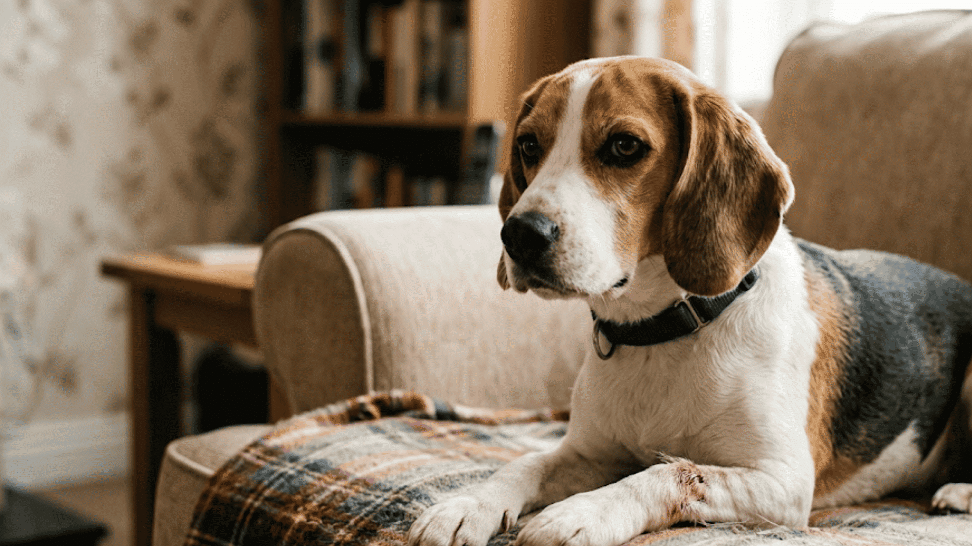 a beagle dog resting on a plaid blanket over an armchair with a small wound visible on its front leg